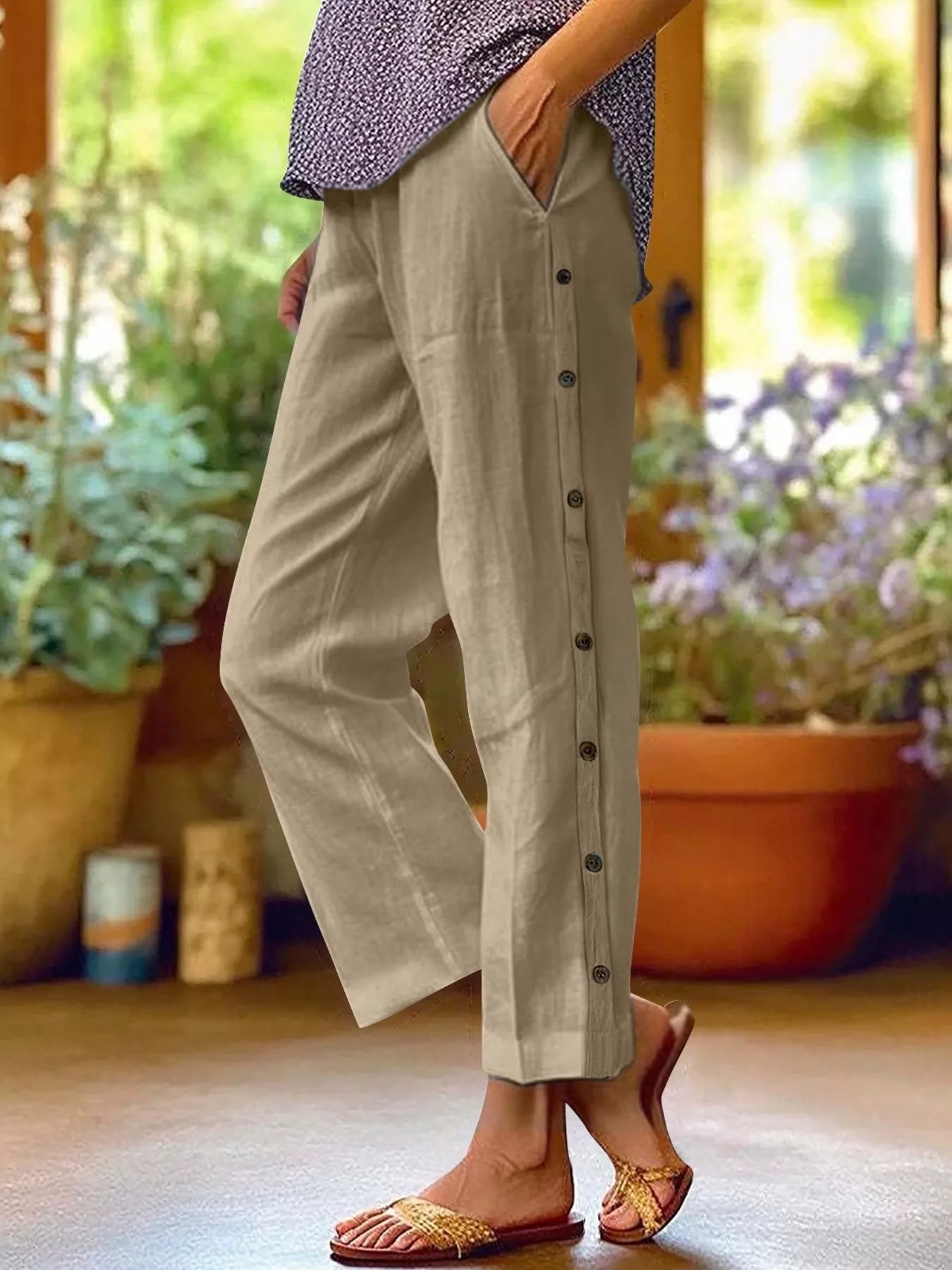 Full Size Side Button Decor Pants Plus Size designed for comfort and style at Lookzlike