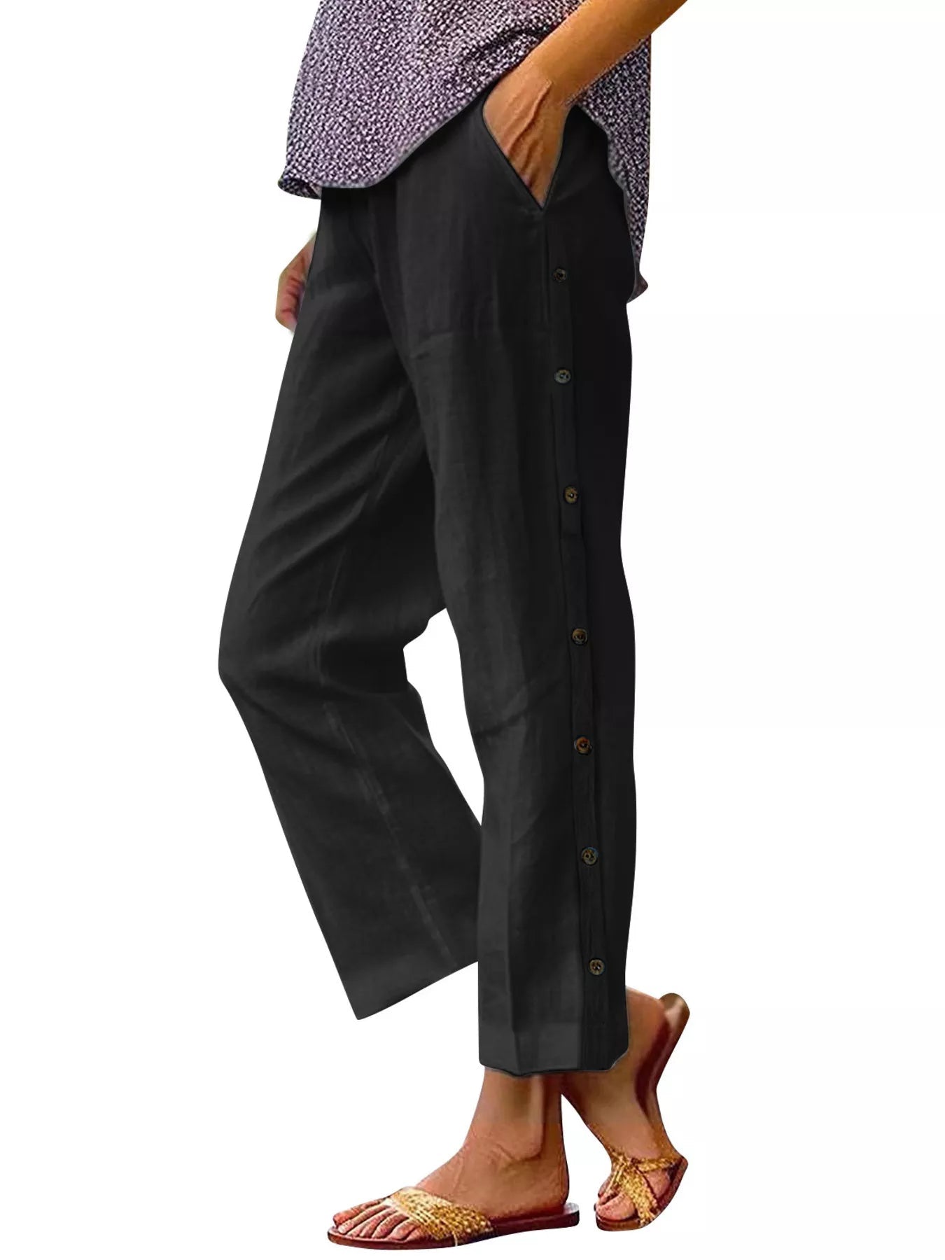 Full Size Side Button Decor Pants Plus Size designed for comfort and style at Lookzlike
