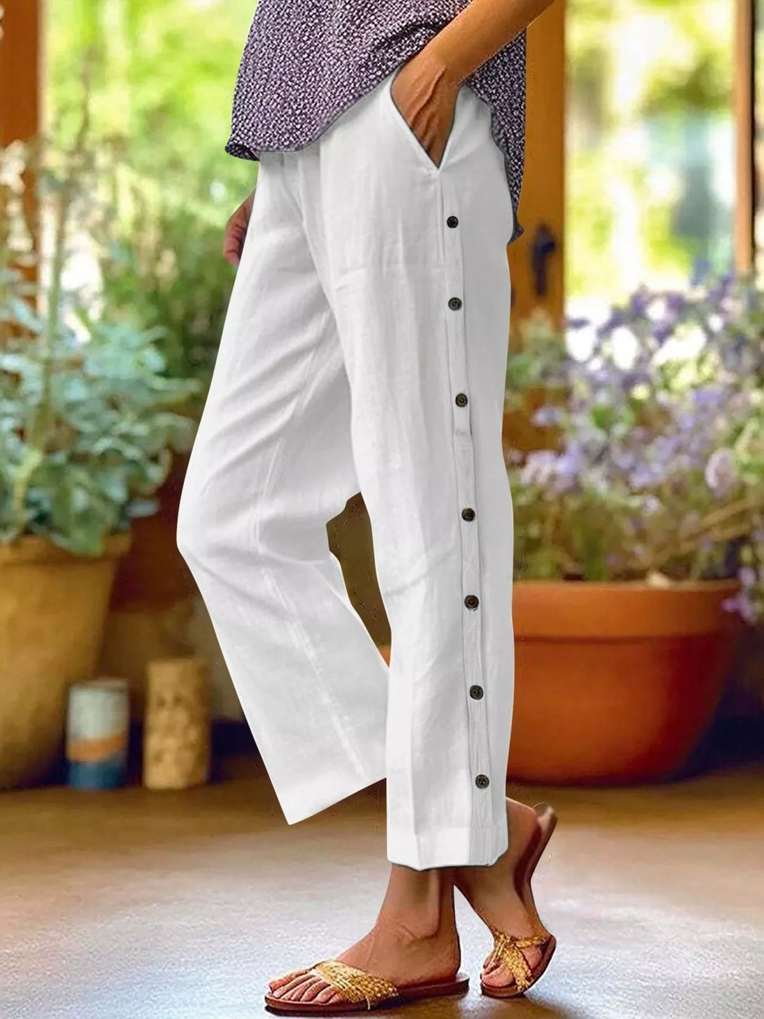 Full Size Side Button Decor Pants Plus Size designed for comfort and style at Lookzlike