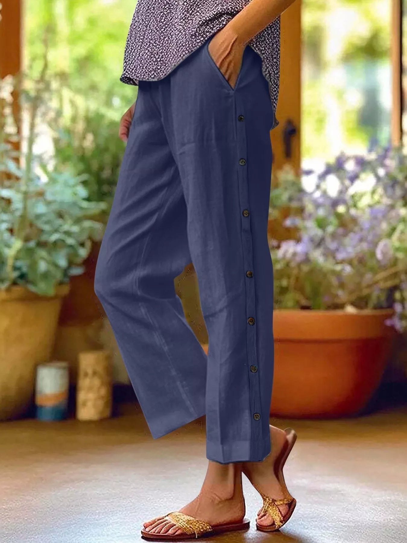 Full Size Side Button Decor Pants Plus Size designed for comfort and style at Lookzlike