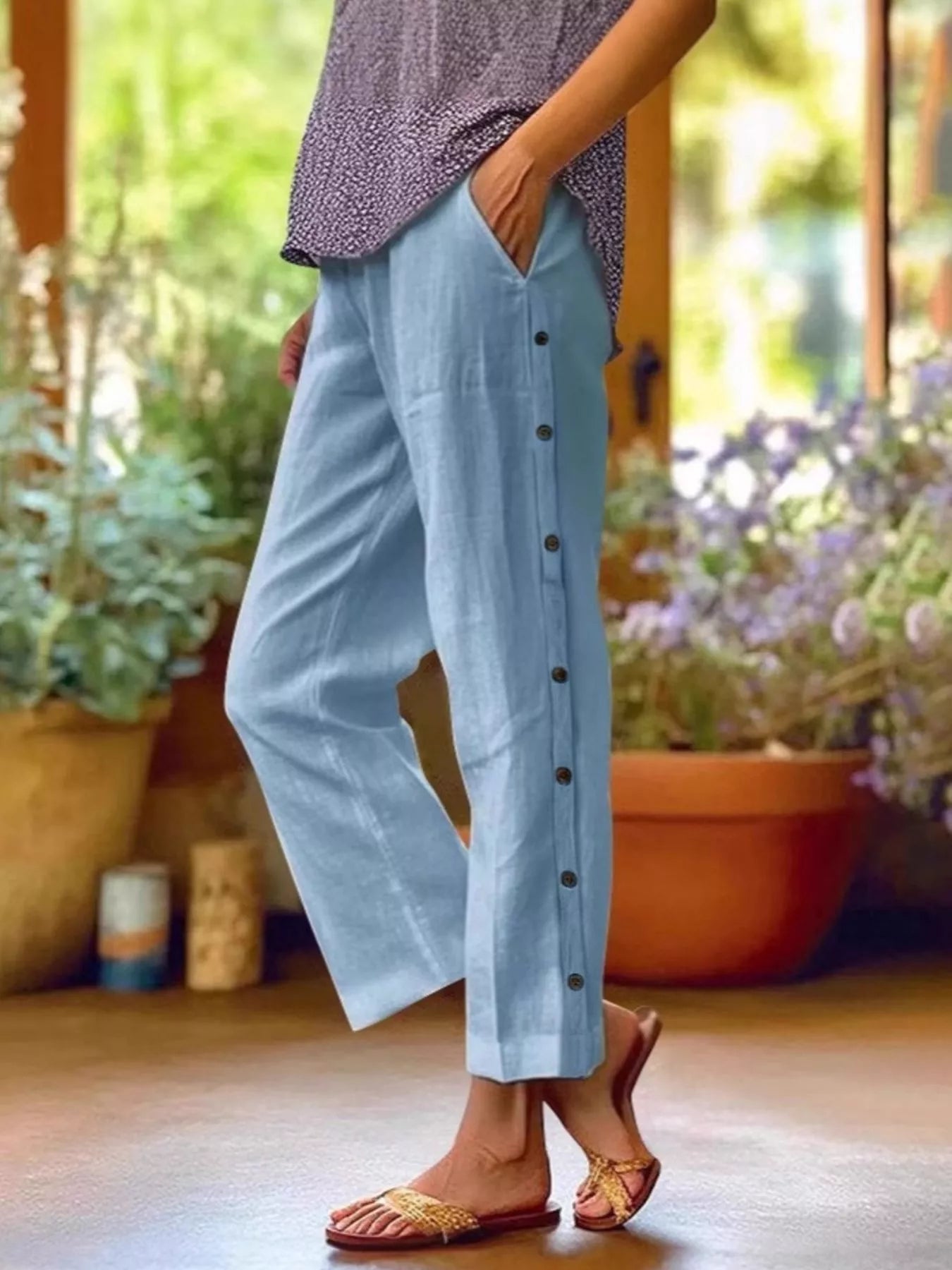 Full Size Side Button Decor Pants Plus Size designed for comfort and style at Lookzlike
