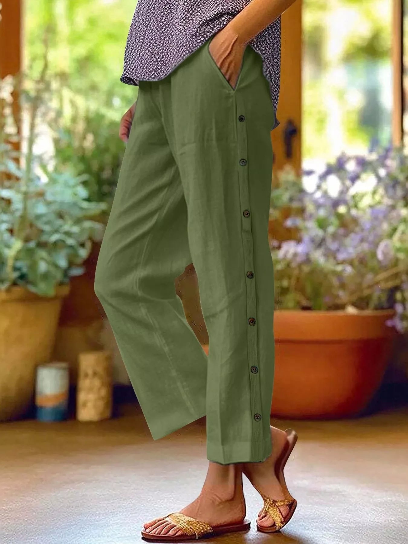 Full Size Side Button Decor Pants Plus Size designed for comfort and style at Lookzlike