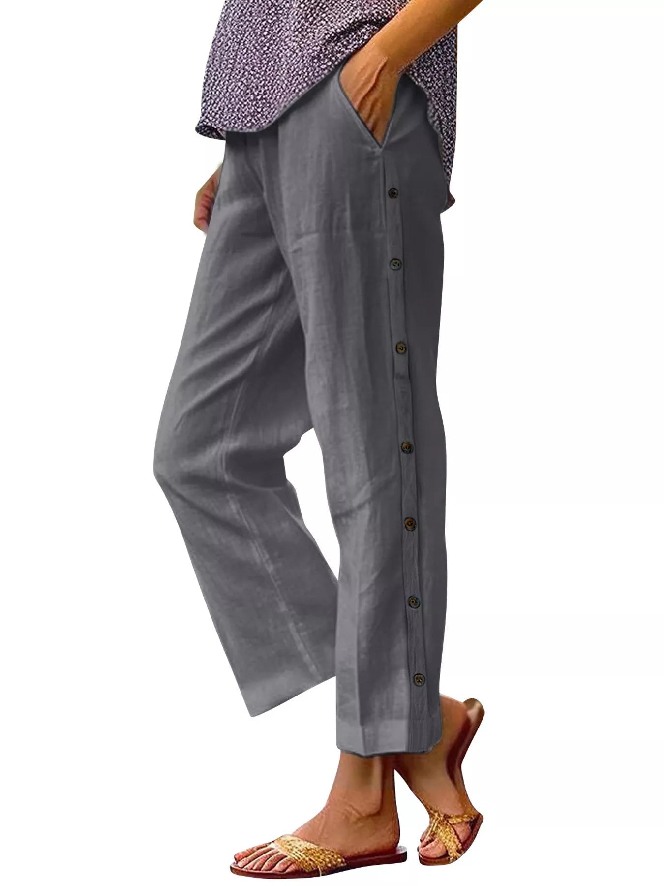 Full Size Side Button Decor Pants Plus Size designed for comfort and style at Lookzlike