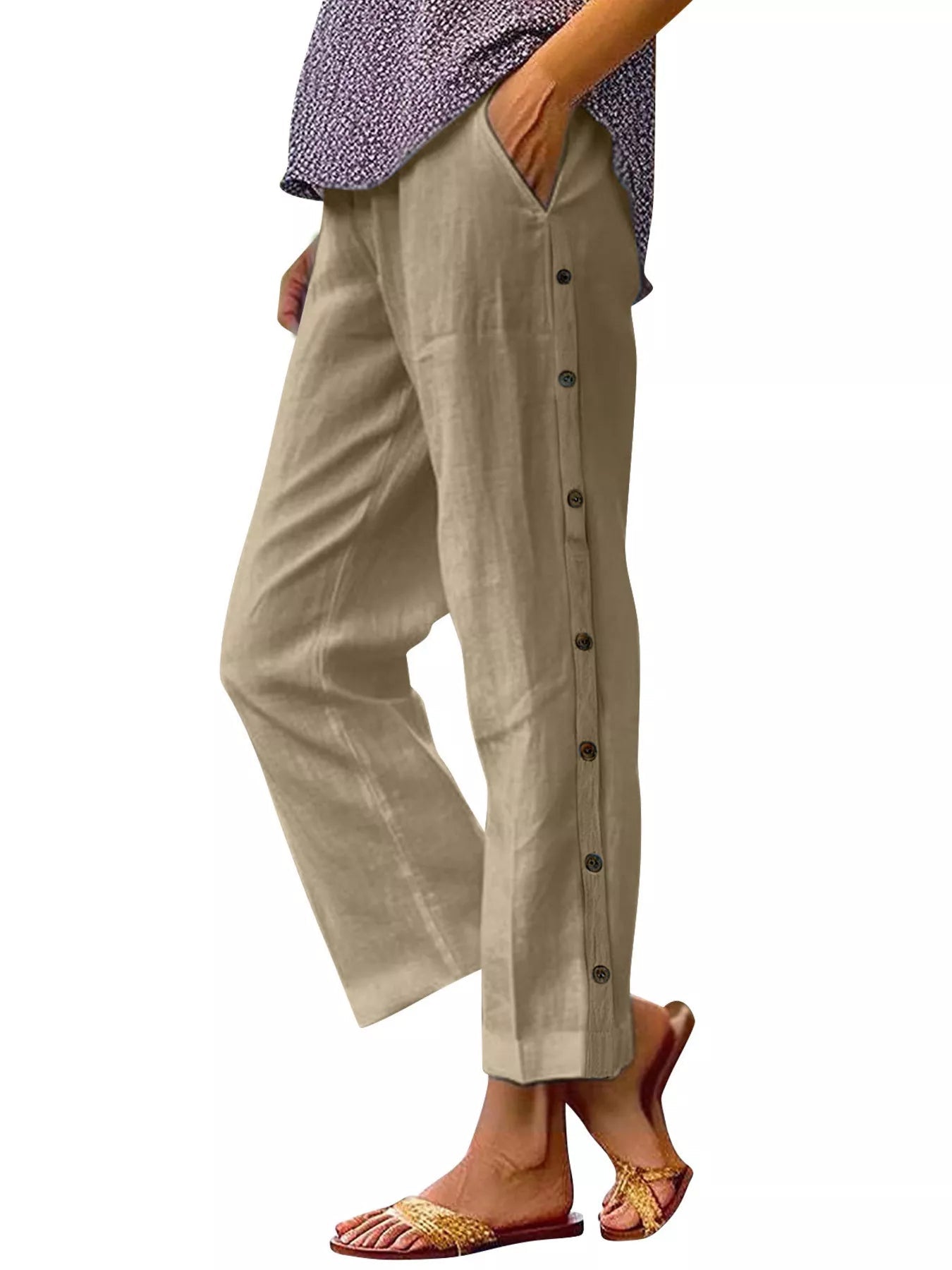 Full Size Side Button Decor Pants Plus Size designed for comfort and style at Lookzlike