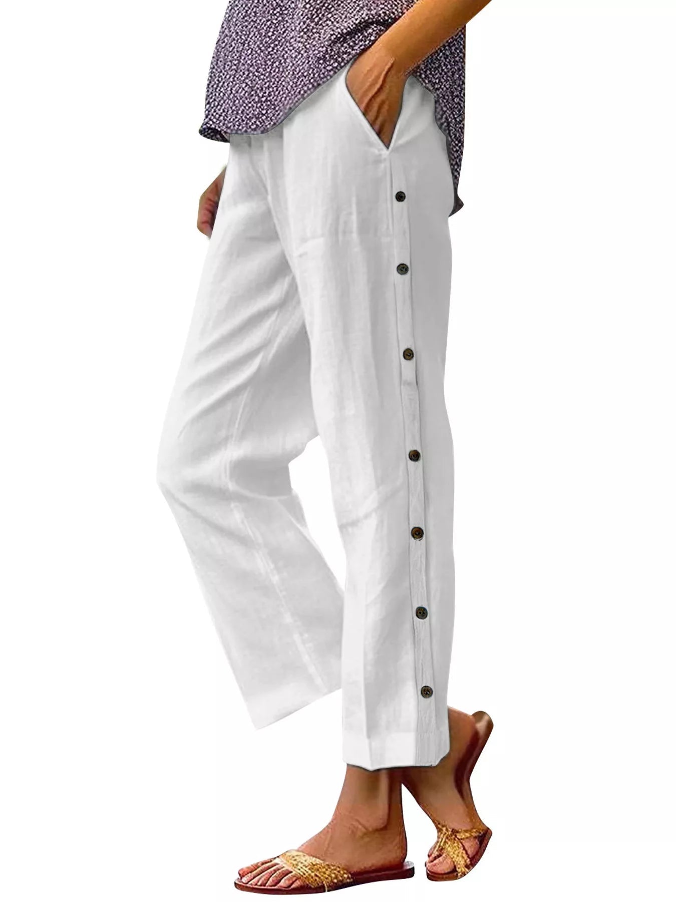Full Size Side Button Decor Pants Plus Size designed for comfort and style at Lookzlike