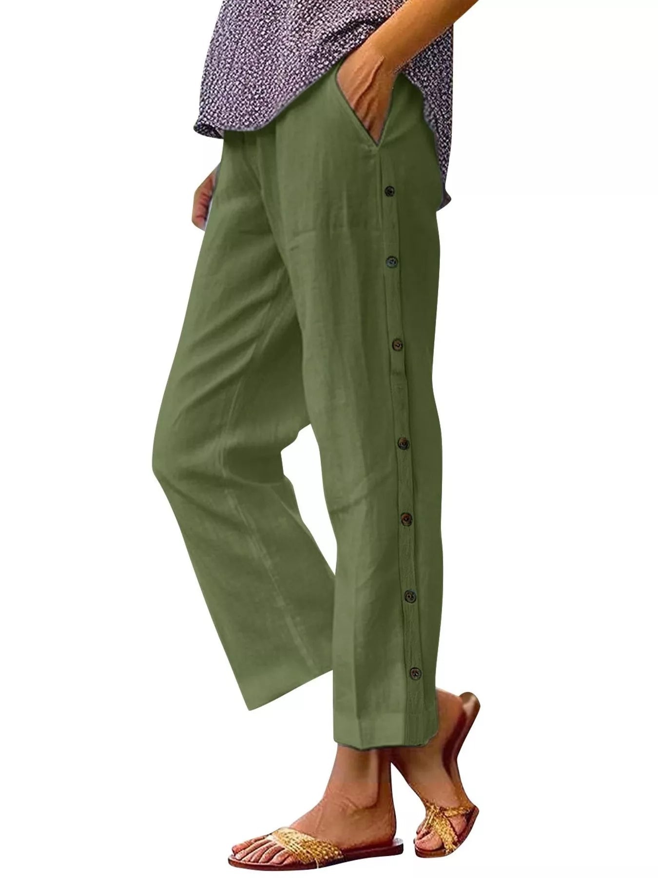 Full Size Side Button Decor Pants Plus Size designed for comfort and style at Lookzlike
