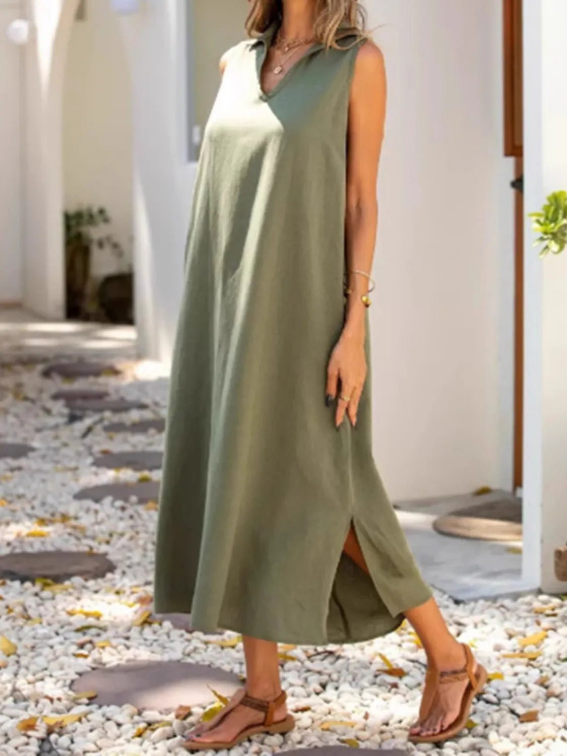 Full Size Side Slit Sleeveless Midi Dress Plus Size - Lookzlike