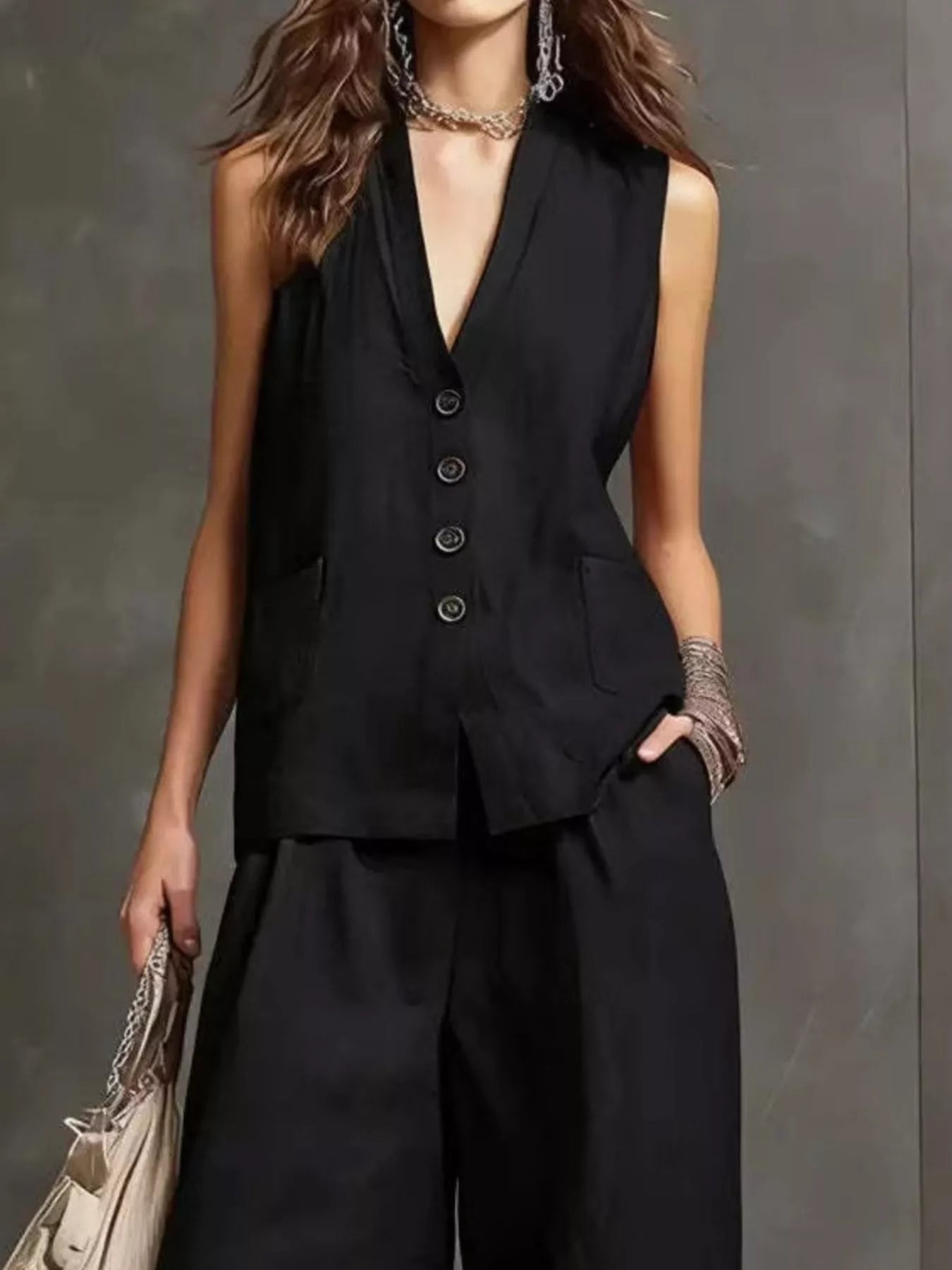 Full Size Sleeveless Vest and Wide-Leg Pants Set Plus SIze designed for comfort and style at Lookzlike