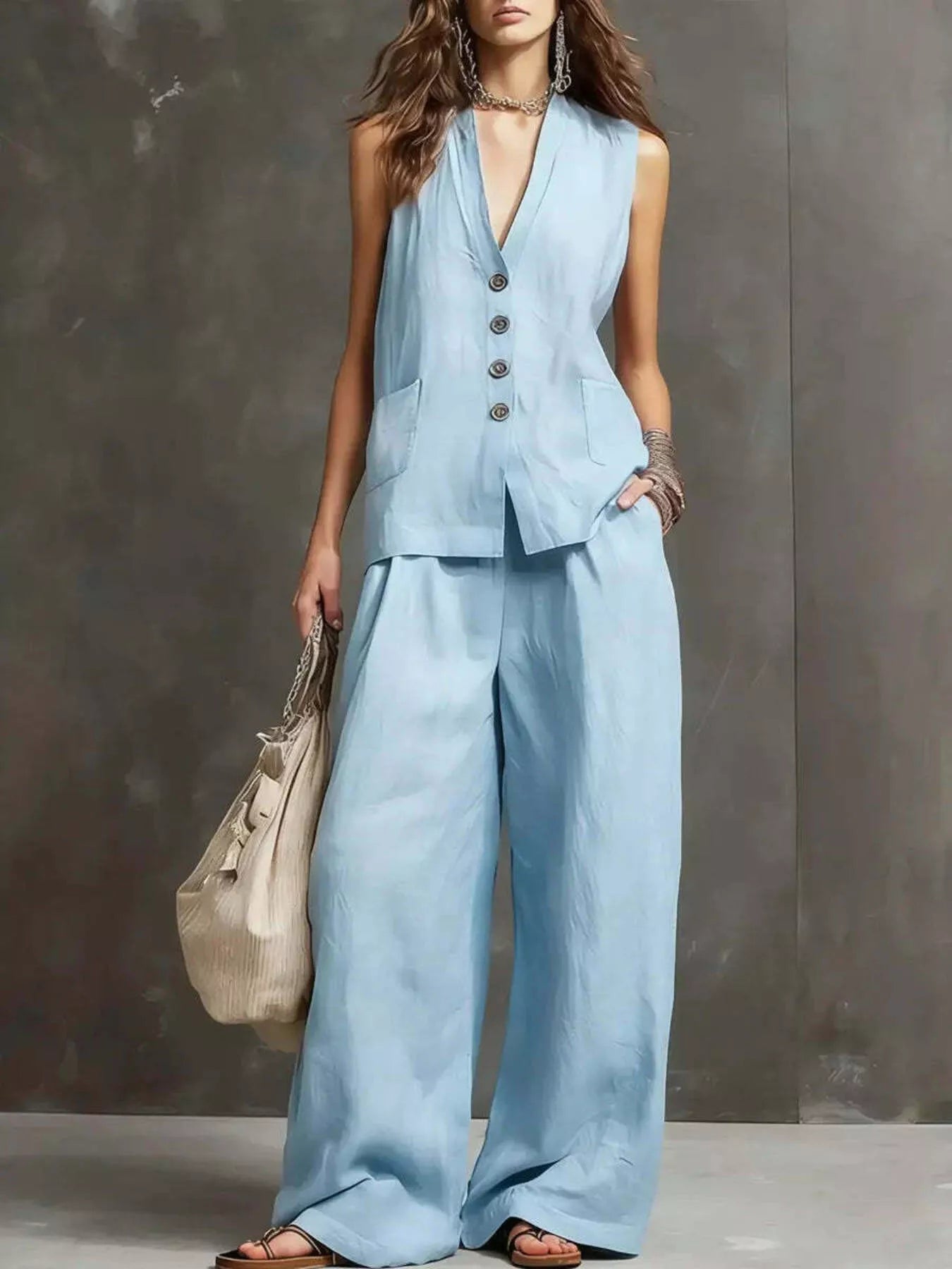 Full Size Sleeveless Vest and Wide-Leg Pants Set Plus SIze designed for comfort and style at Lookzlike