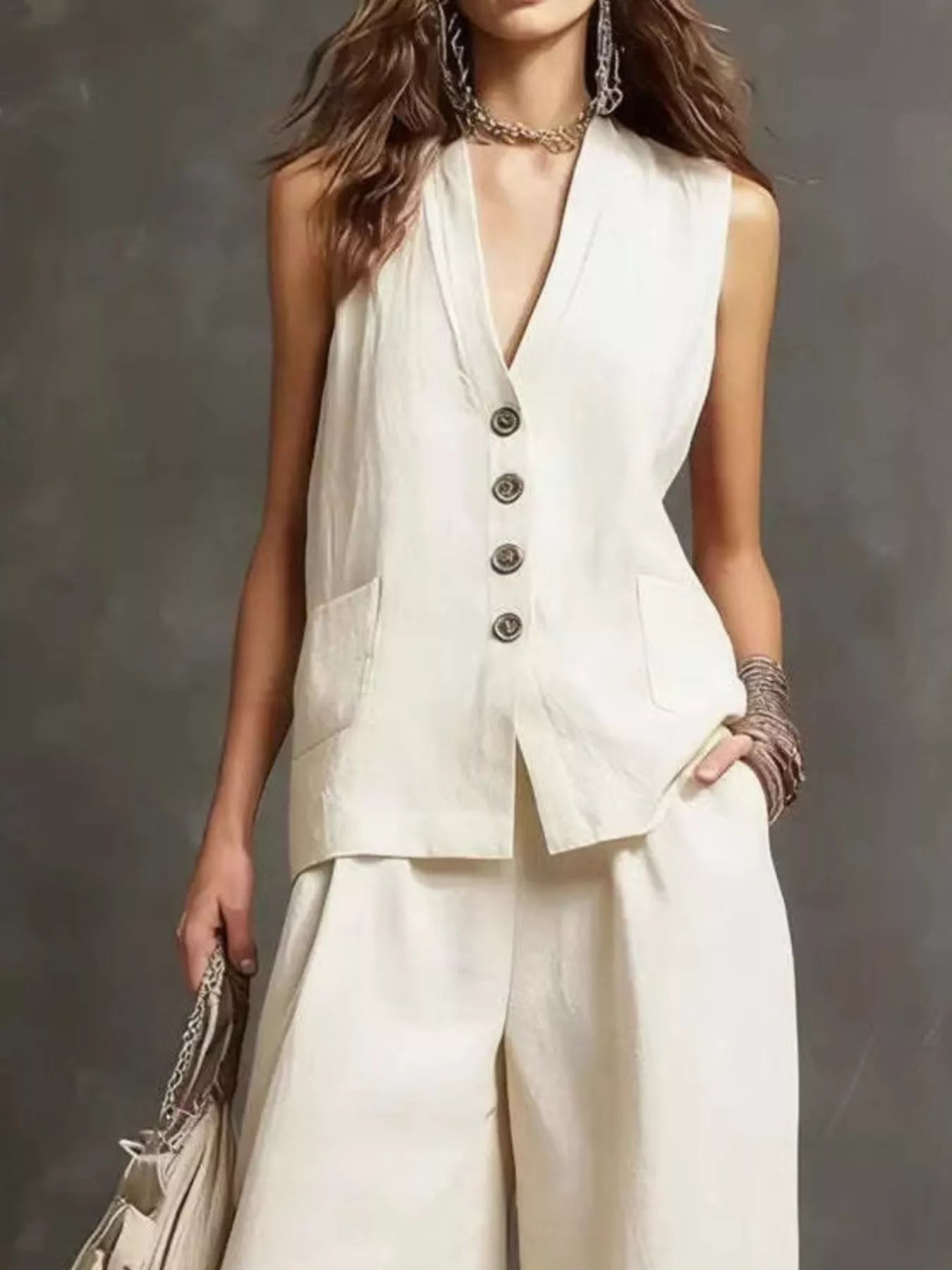 Full Size Sleeveless Vest and Wide-Leg Pants Set Plus SIze designed for comfort and style at Lookzlike