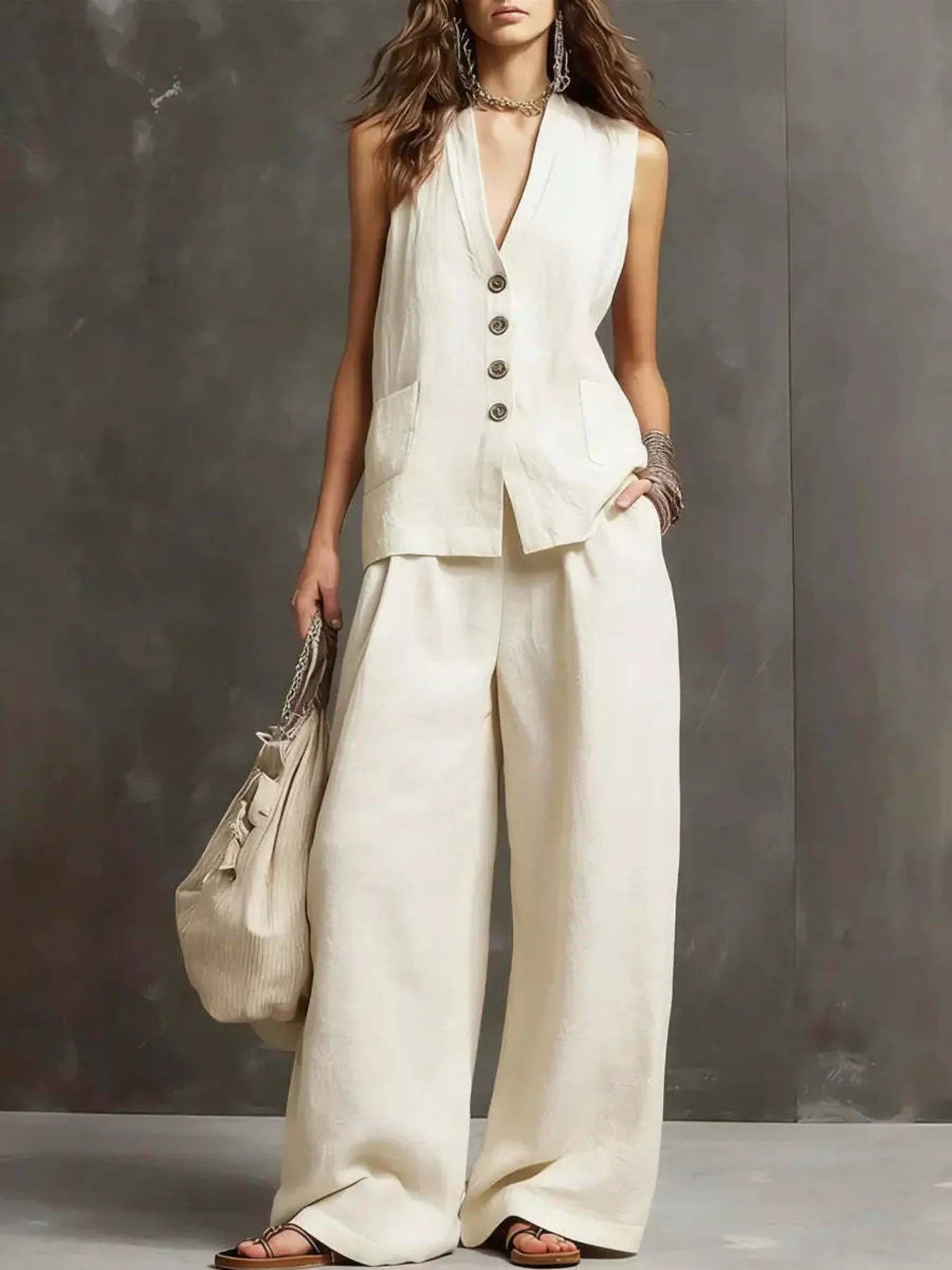 Full Size Sleeveless Vest and Wide-Leg Pants Set Plus SIze designed for comfort and style at Lookzlike