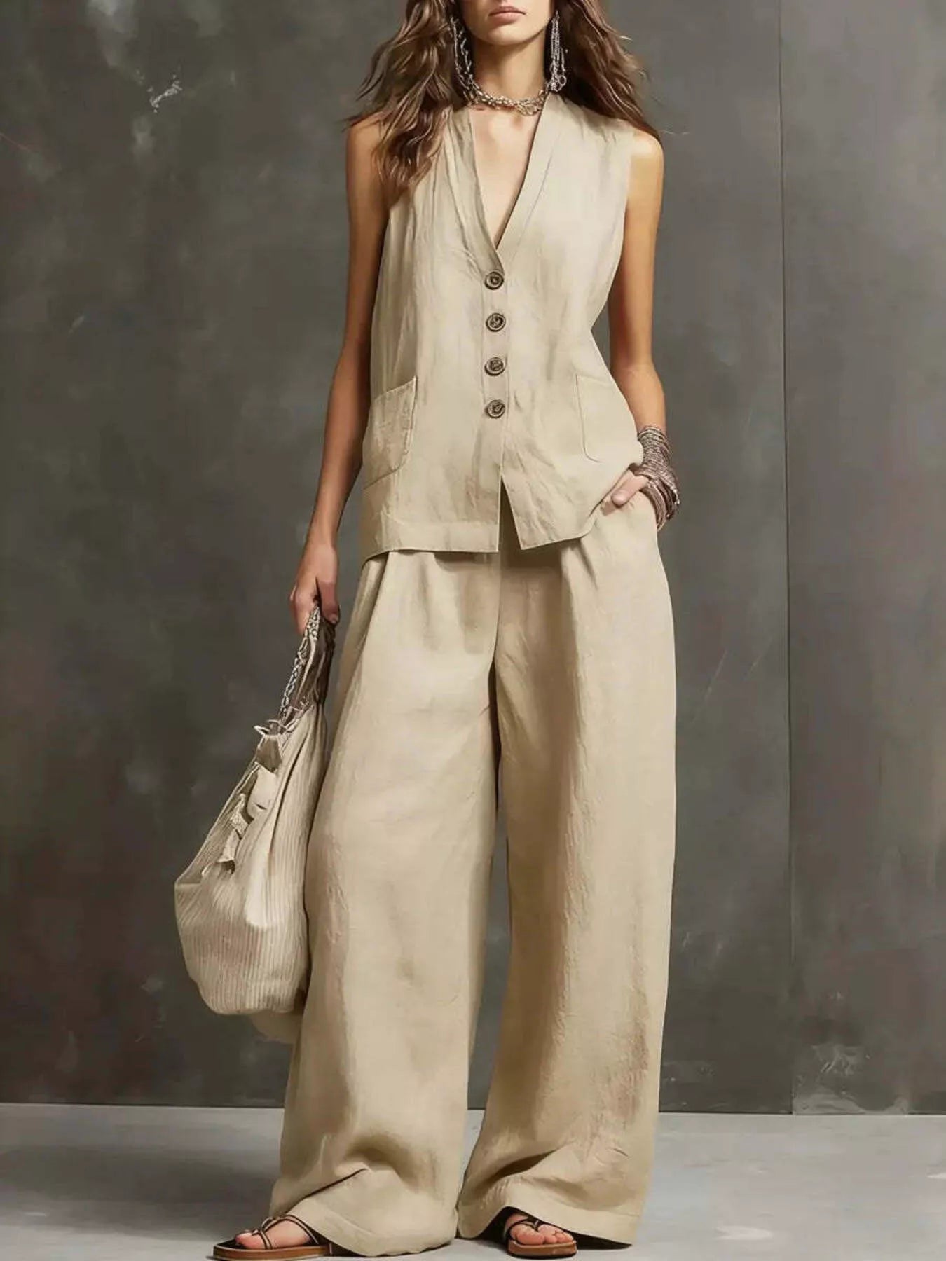 Full Size Sleeveless Vest and Wide-Leg Pants Set Plus SIze designed for comfort and style at Lookzlike