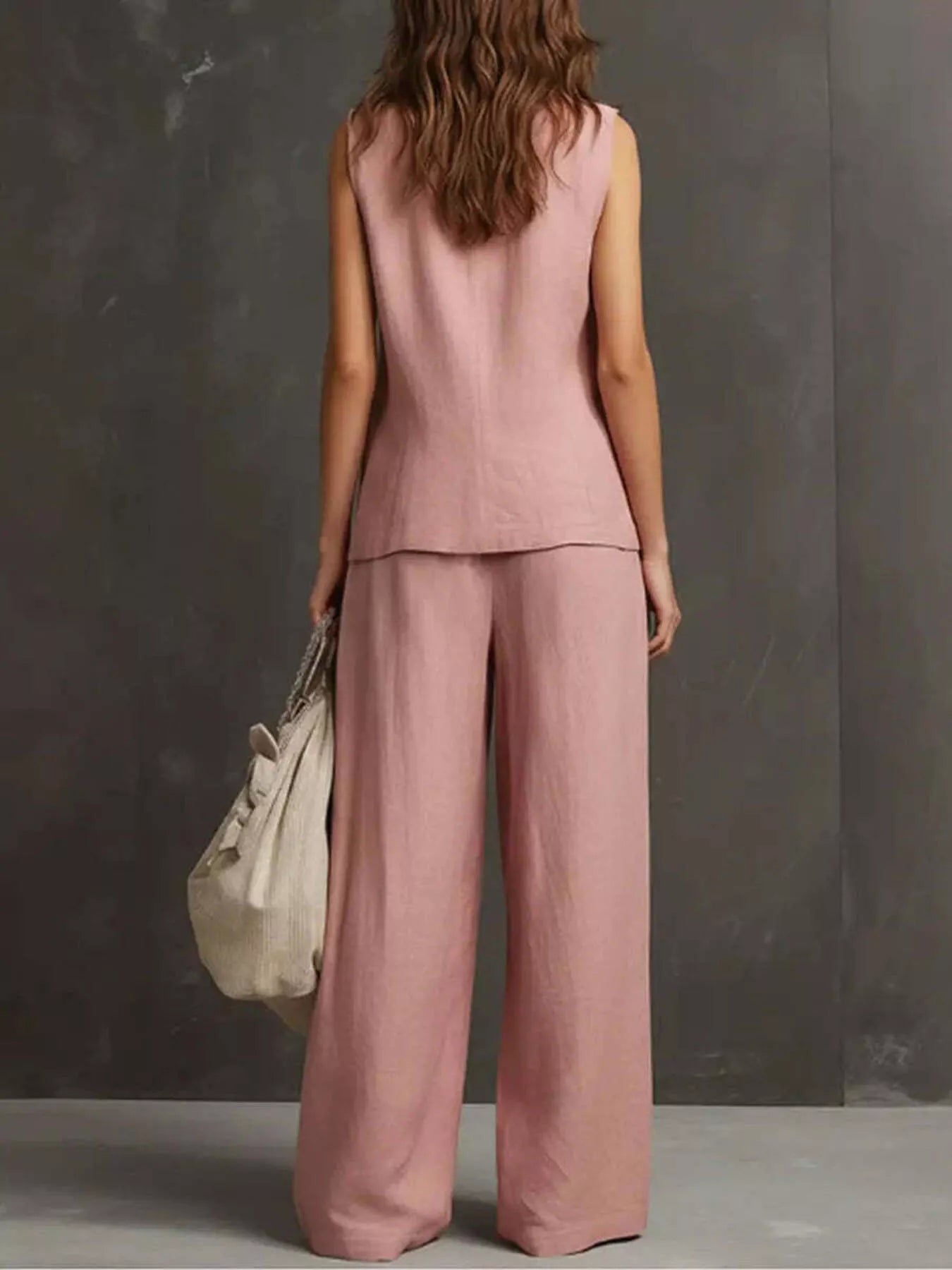 Full Size Sleeveless Vest and Wide-Leg Pants Set Plus SIze designed for comfort and style at Lookzlike