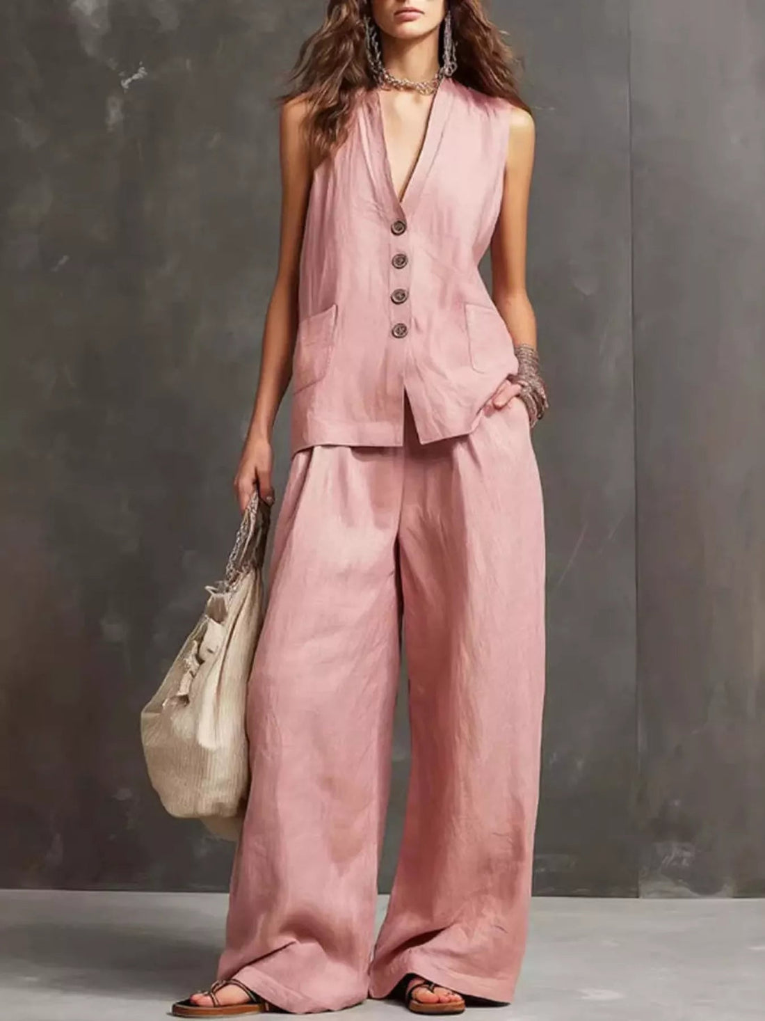 Full Size Sleeveless Vest and Wide-Leg Pants Set Plus SIze designed for comfort and style at Lookzlike