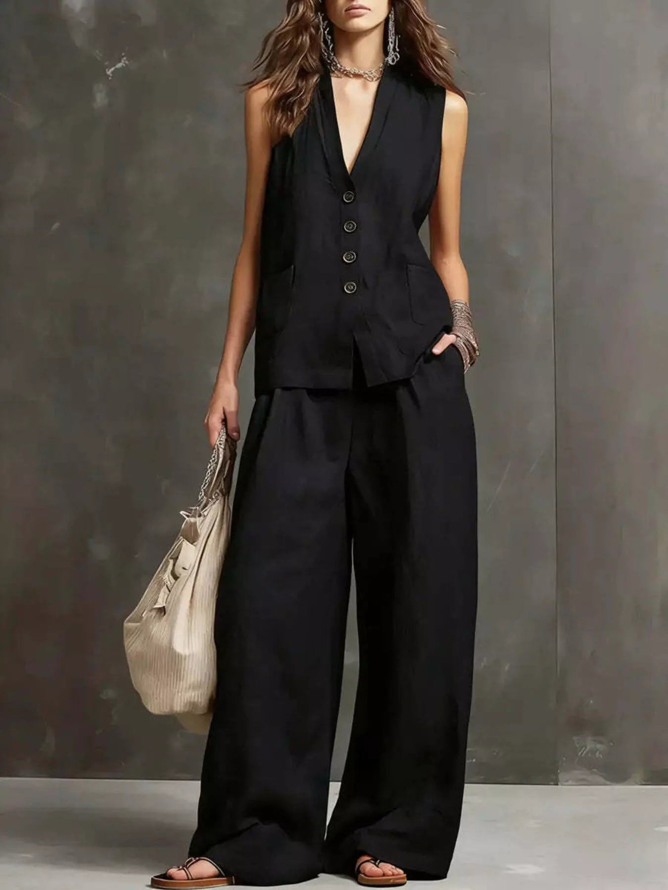 Full Size Sleeveless Vest and Wide-Leg Pants Set Plus SIze designed for comfort and style at Lookzlike