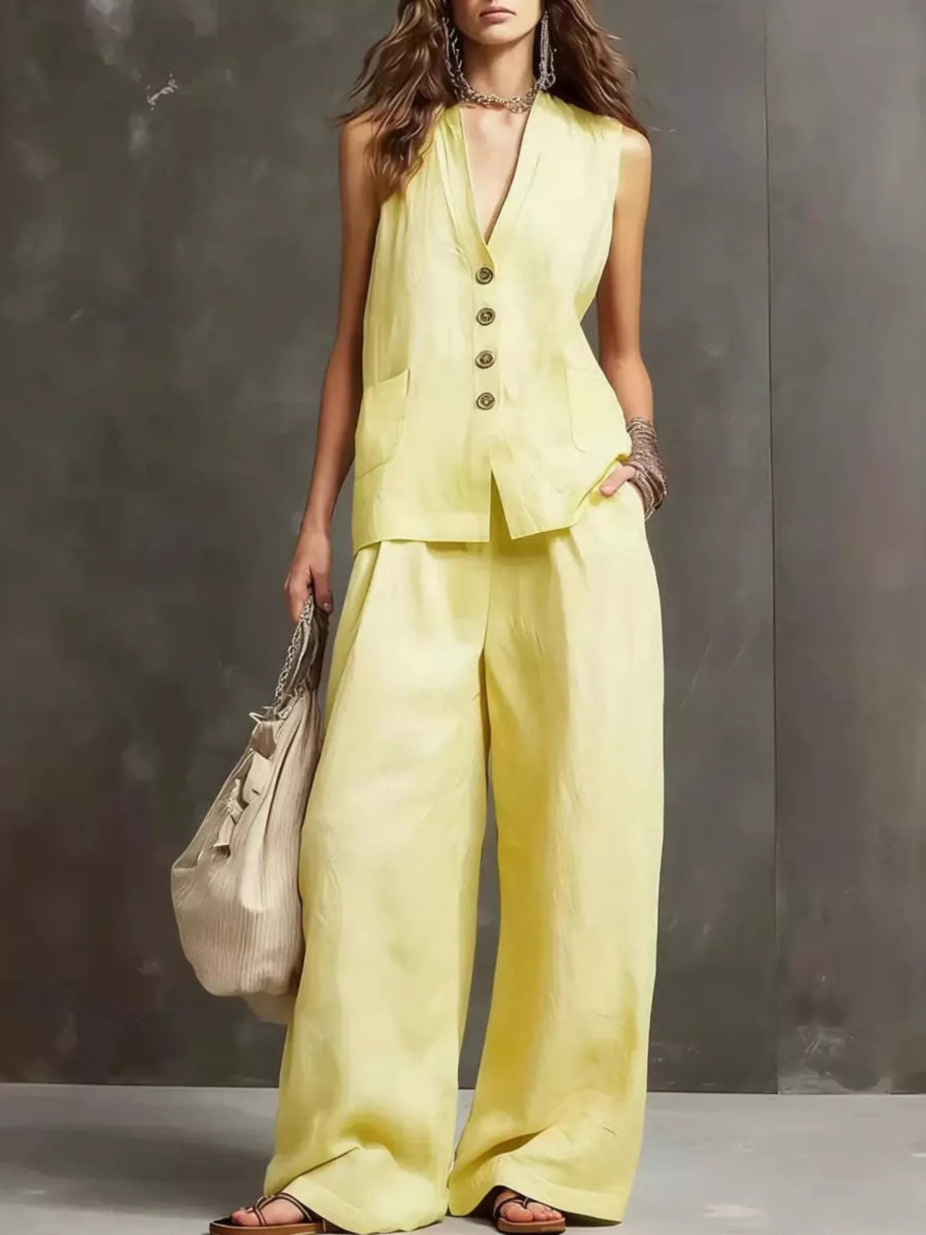 Full Size Sleeveless Vest and Wide-Leg Pants Set Plus SIze designed for comfort and style at Lookzlike