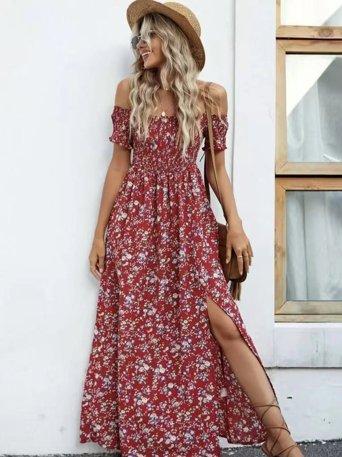 Full Size Slit Off-Shoulder Floral Midi Dress Plus Size - Lookzlike