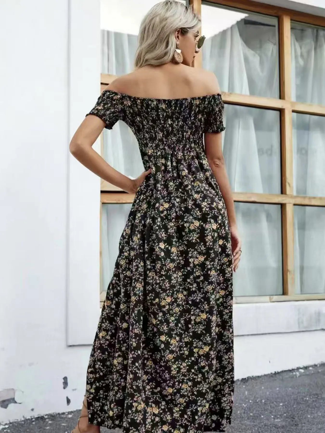 Full Size Slit Off-Shoulder Floral Midi Dress Plus Size - Lookzlike