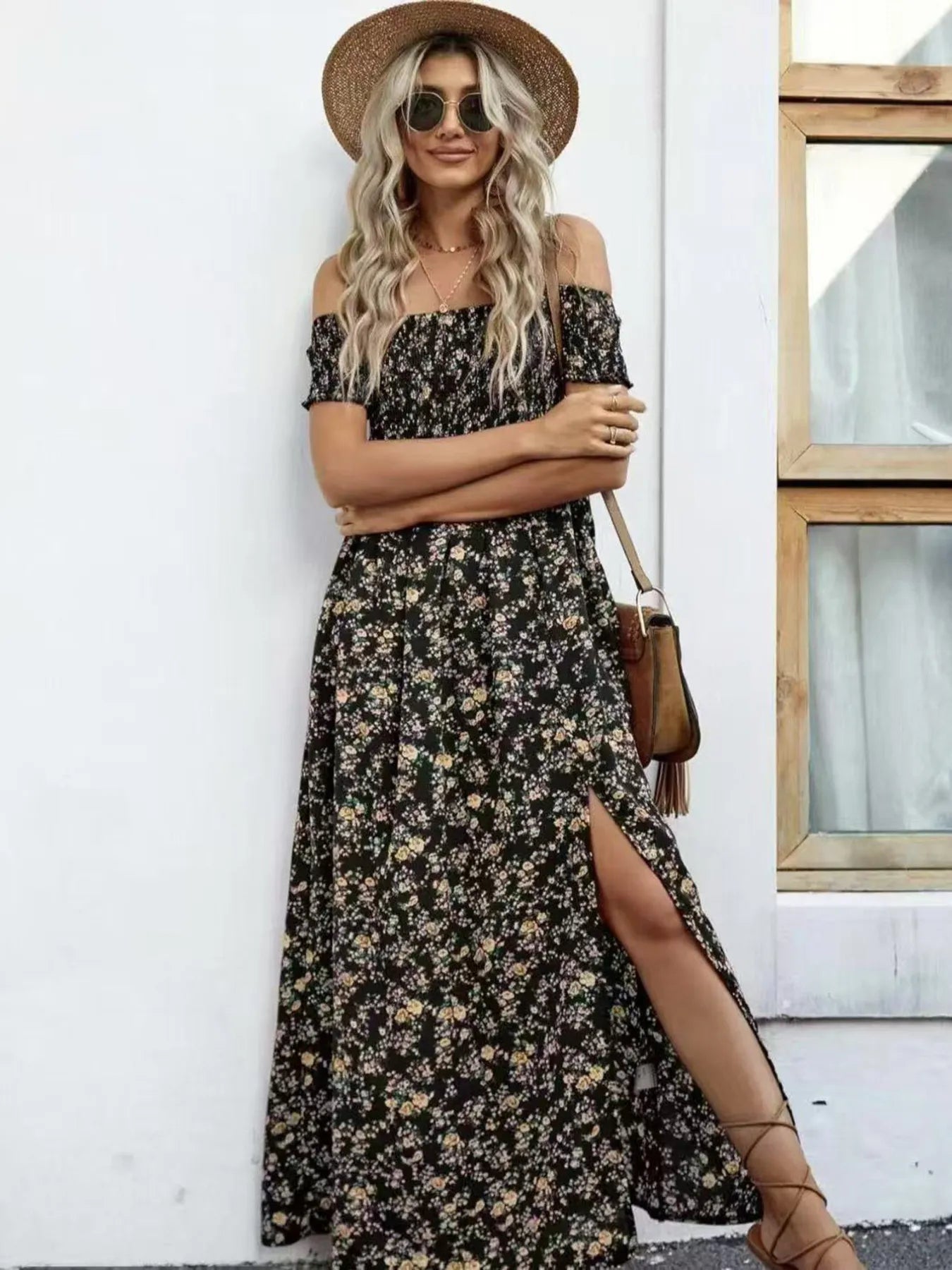 Full Size Slit Off-Shoulder Floral Midi Dress Plus Size - Lookzlike