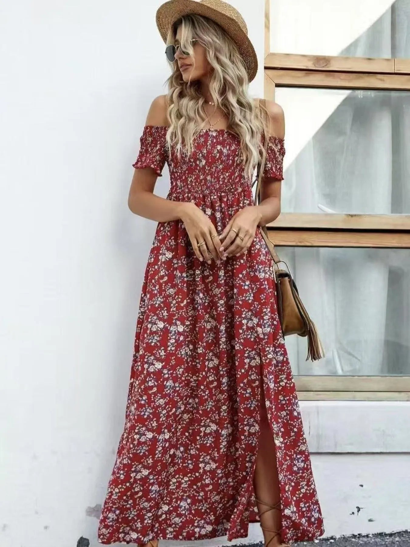 Full Size Slit Off-Shoulder Floral Midi Dress Plus Size - Lookzlike