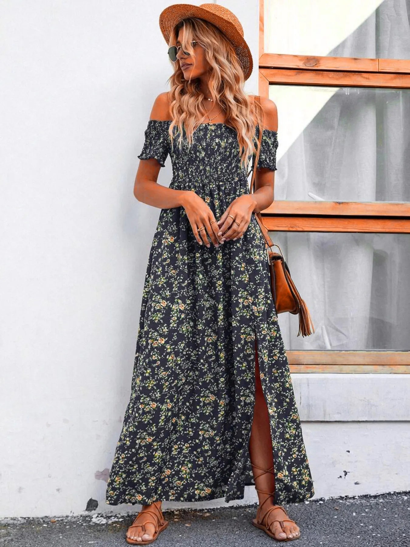 Full Size Slit Off-Shoulder Floral Midi Dress Plus Size - Lookzlike