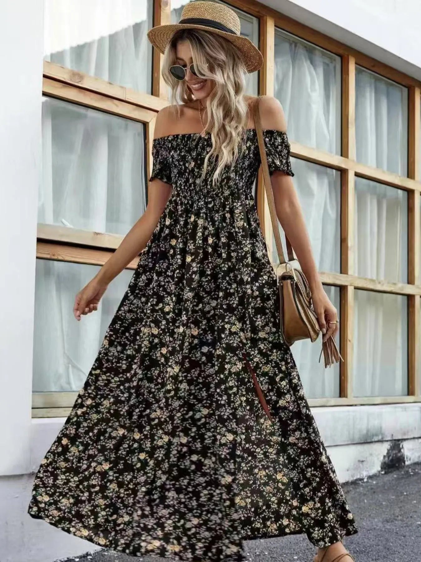 Full Size Slit Off-Shoulder Floral Midi Dress Plus Size - Lookzlike