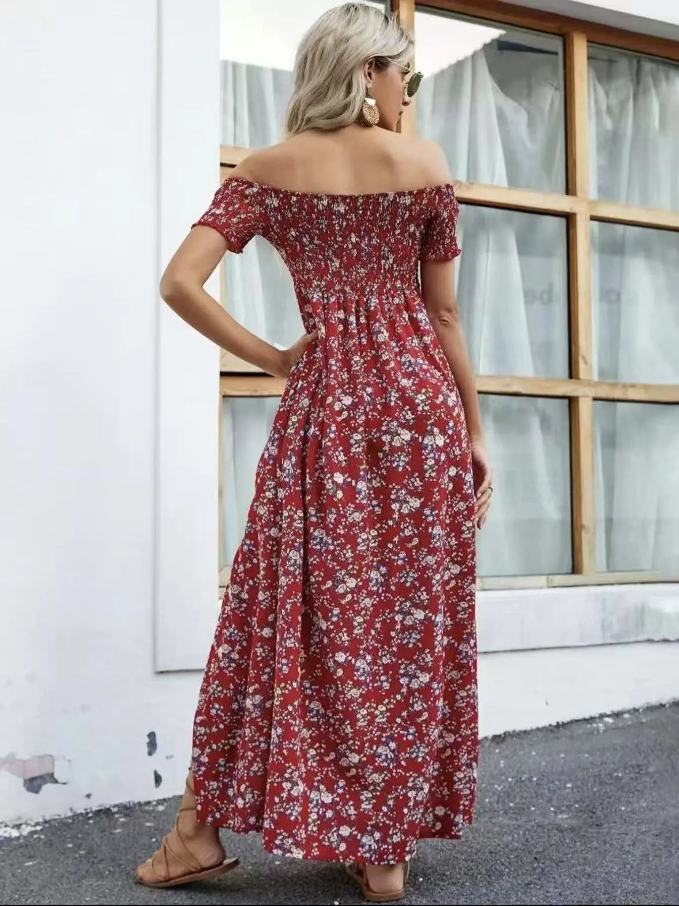 Full Size Slit Off-Shoulder Floral Midi Dress Plus Size - Lookzlike