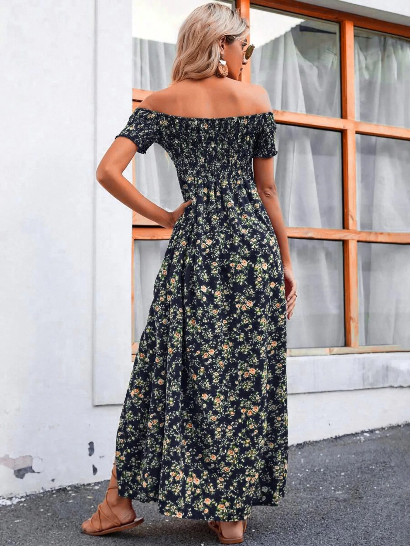 Full Size Slit Off-Shoulder Floral Midi Dress Plus Size - Lookzlike