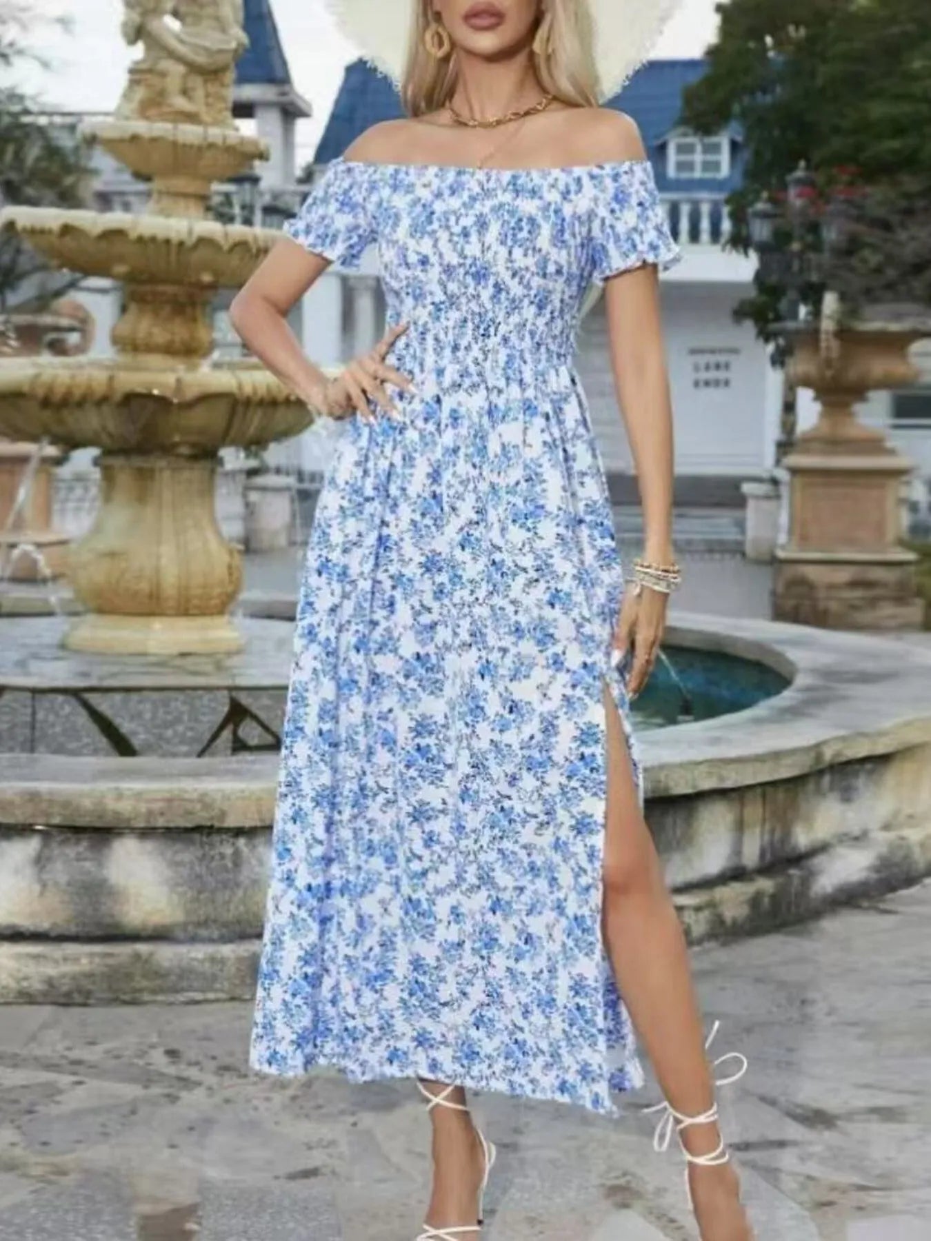 Full Size Slit Off-Shoulder Floral Midi Dress Plus Size - Lookzlike