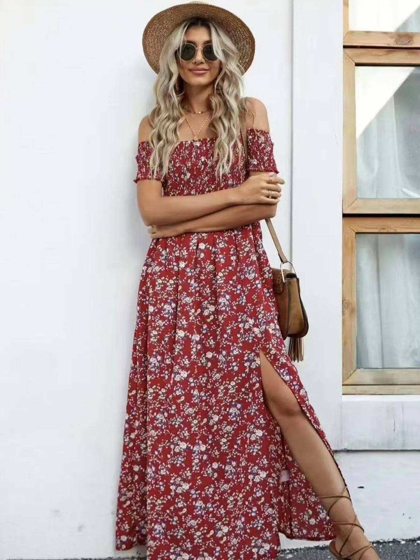 Full Size Slit Off-Shoulder Floral Midi Dress Plus Size - Lookzlike
