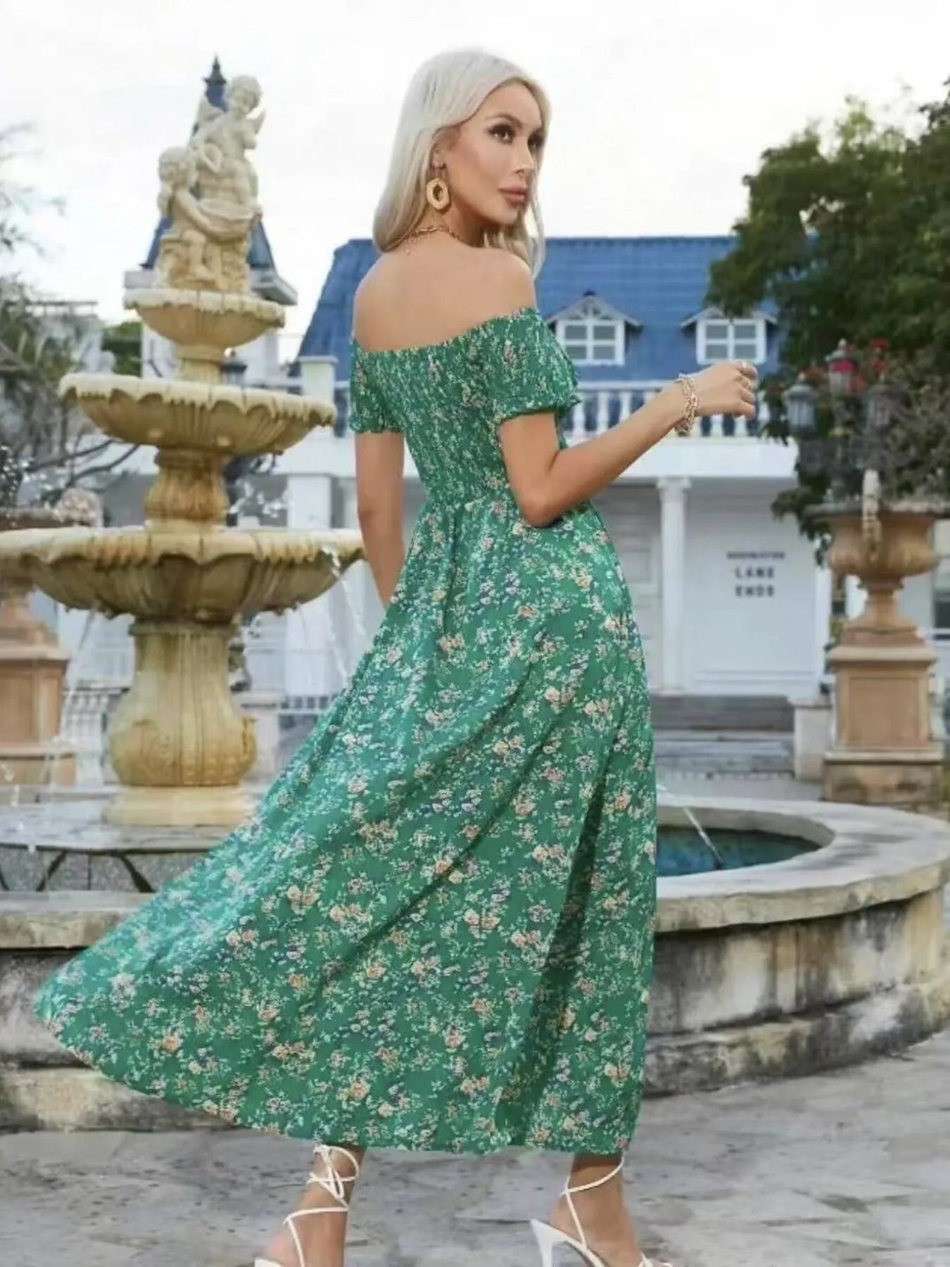 Full Size Slit Off-Shoulder Floral Midi Dress Plus Size - Lookzlike