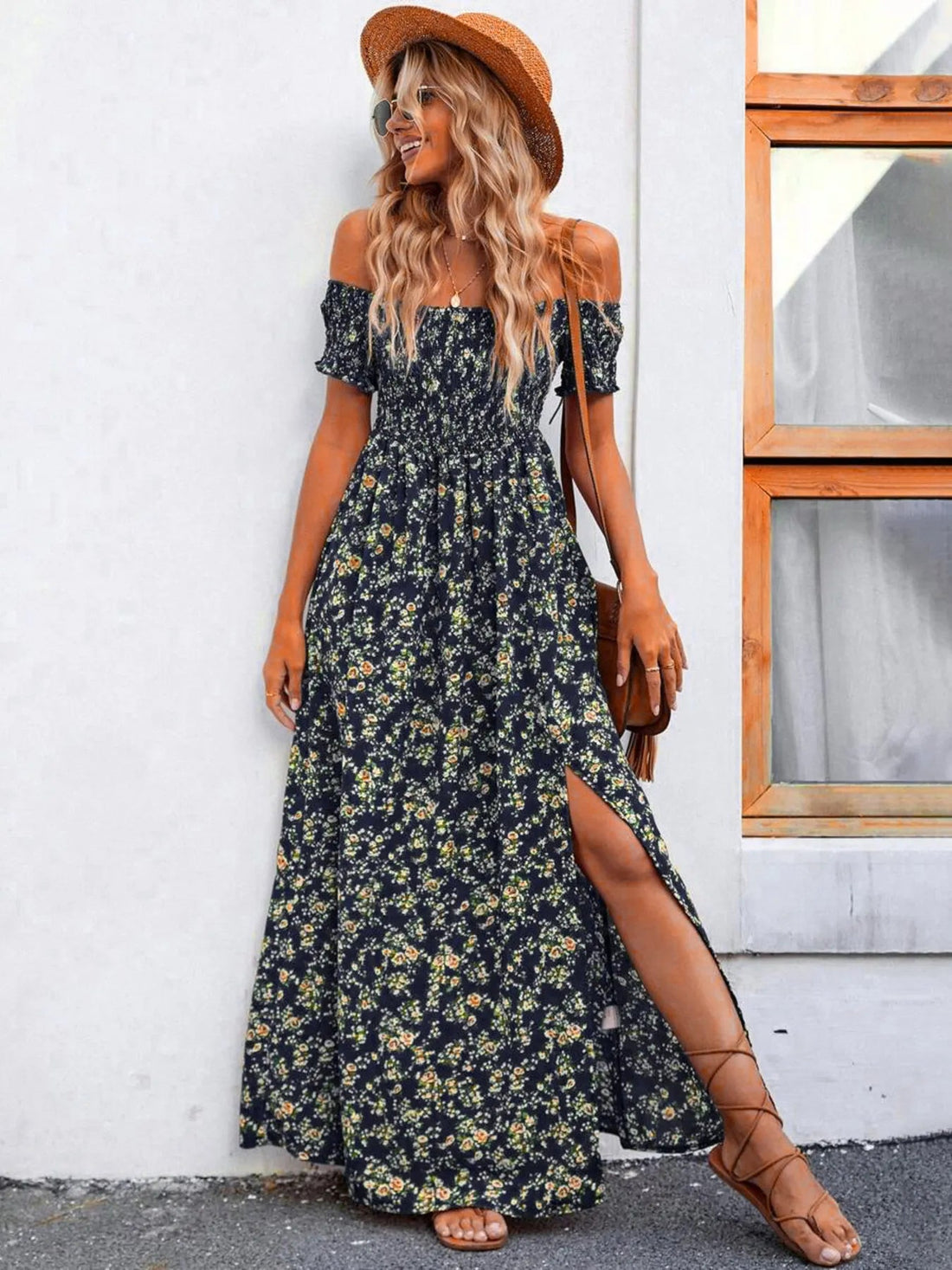 Full Size Slit Off-Shoulder Floral Midi Dress Plus Size - Lookzlike