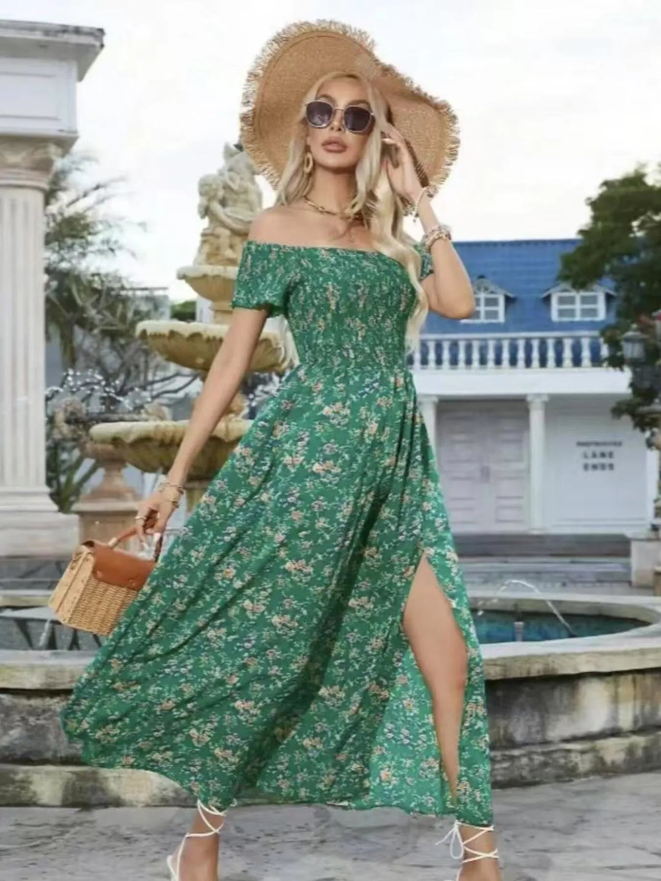 Full Size Slit Off-Shoulder Floral Midi Dress Plus Size - Lookzlike