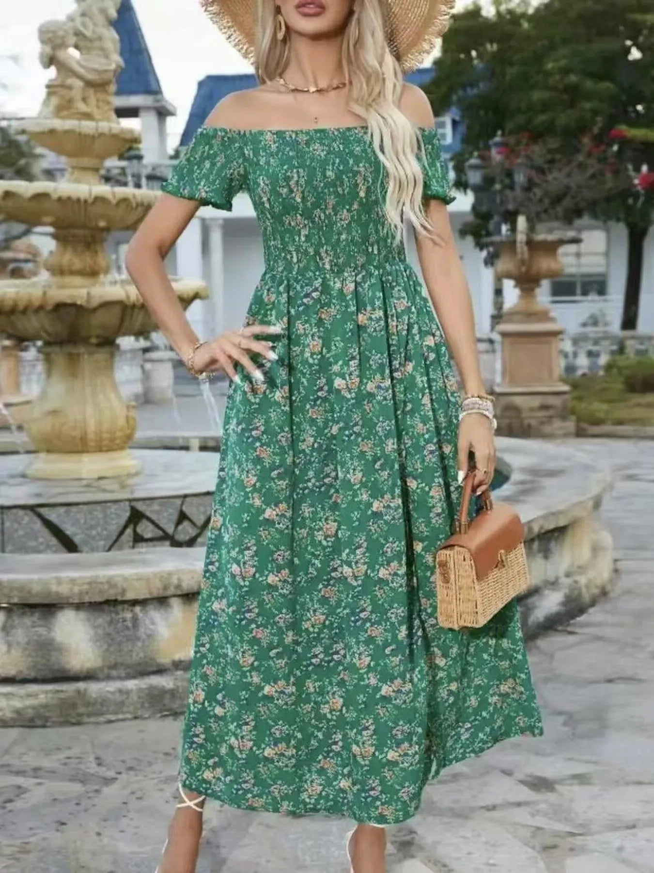 Full Size Slit Off-Shoulder Floral Midi Dress Plus Size - Lookzlike