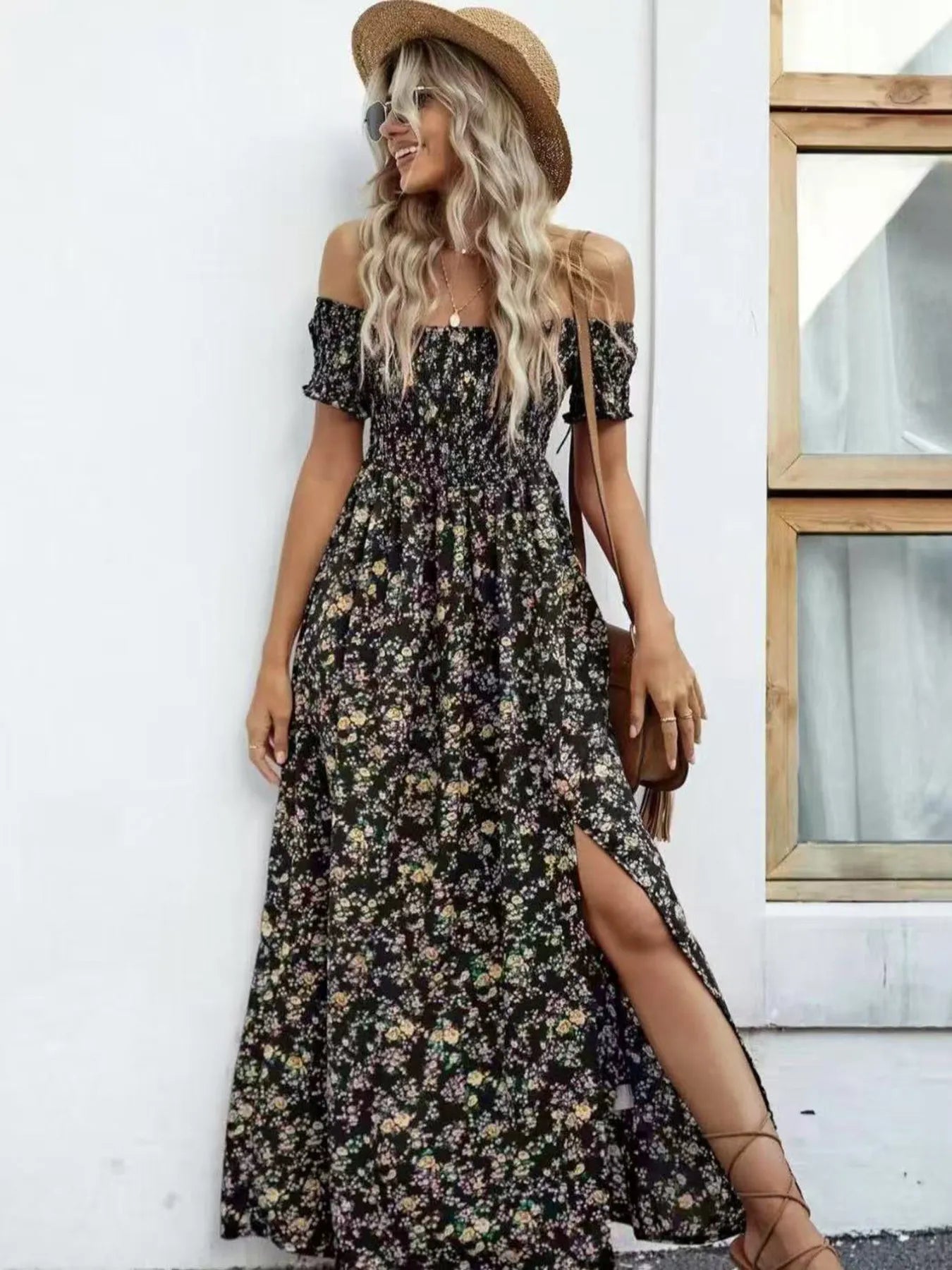 Full Size Slit Off-Shoulder Floral Midi Dress Plus Size - Lookzlike