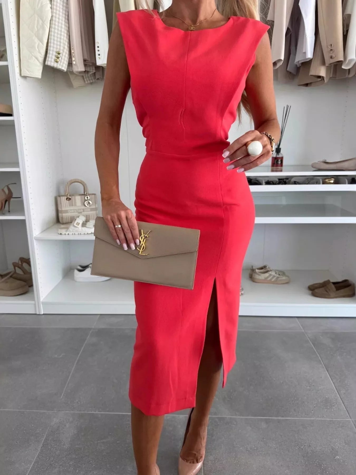 Full Size Slit Round Neck Sleeveless Dress Plus Size designed for comfort and style at Lookzlike