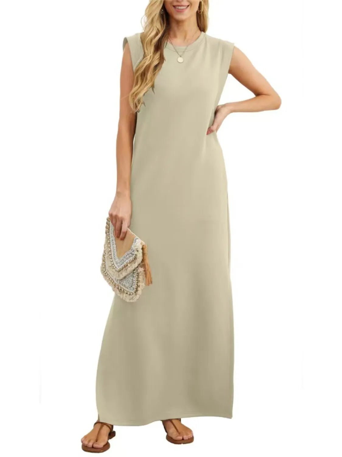 Full Size Slit Round Neck Sleeveless Maxi Tank Dress Plus Size - Lookzlike
