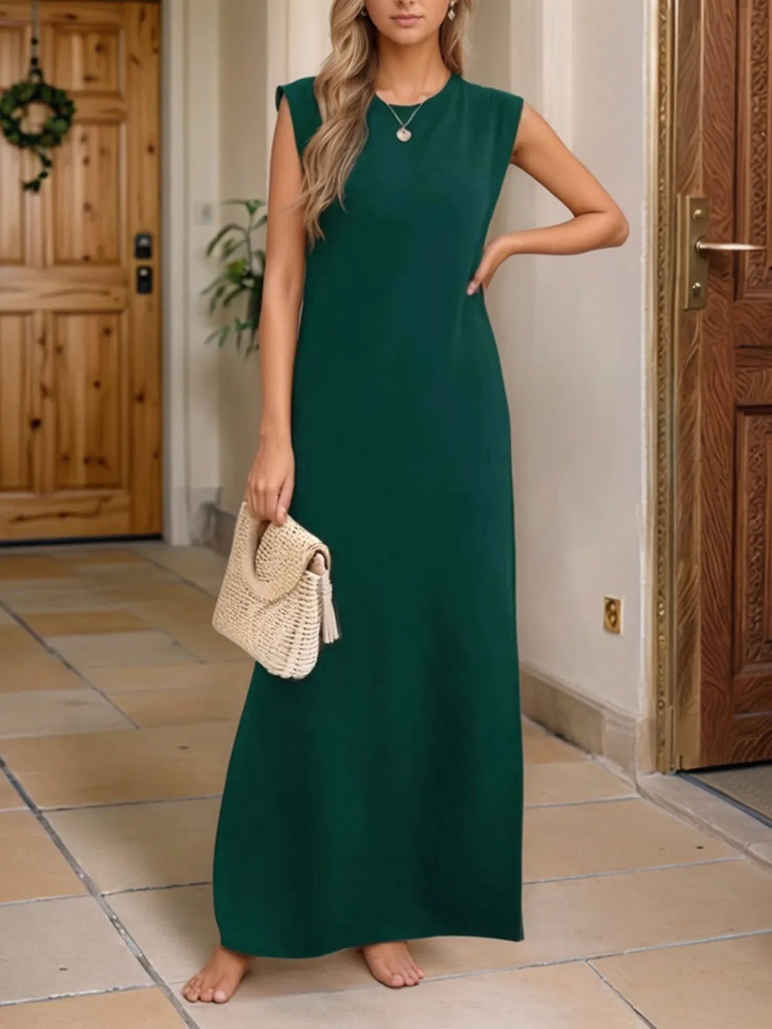 Full Size Slit Round Neck Sleeveless Maxi Tank Dress Plus Size - Lookzlike