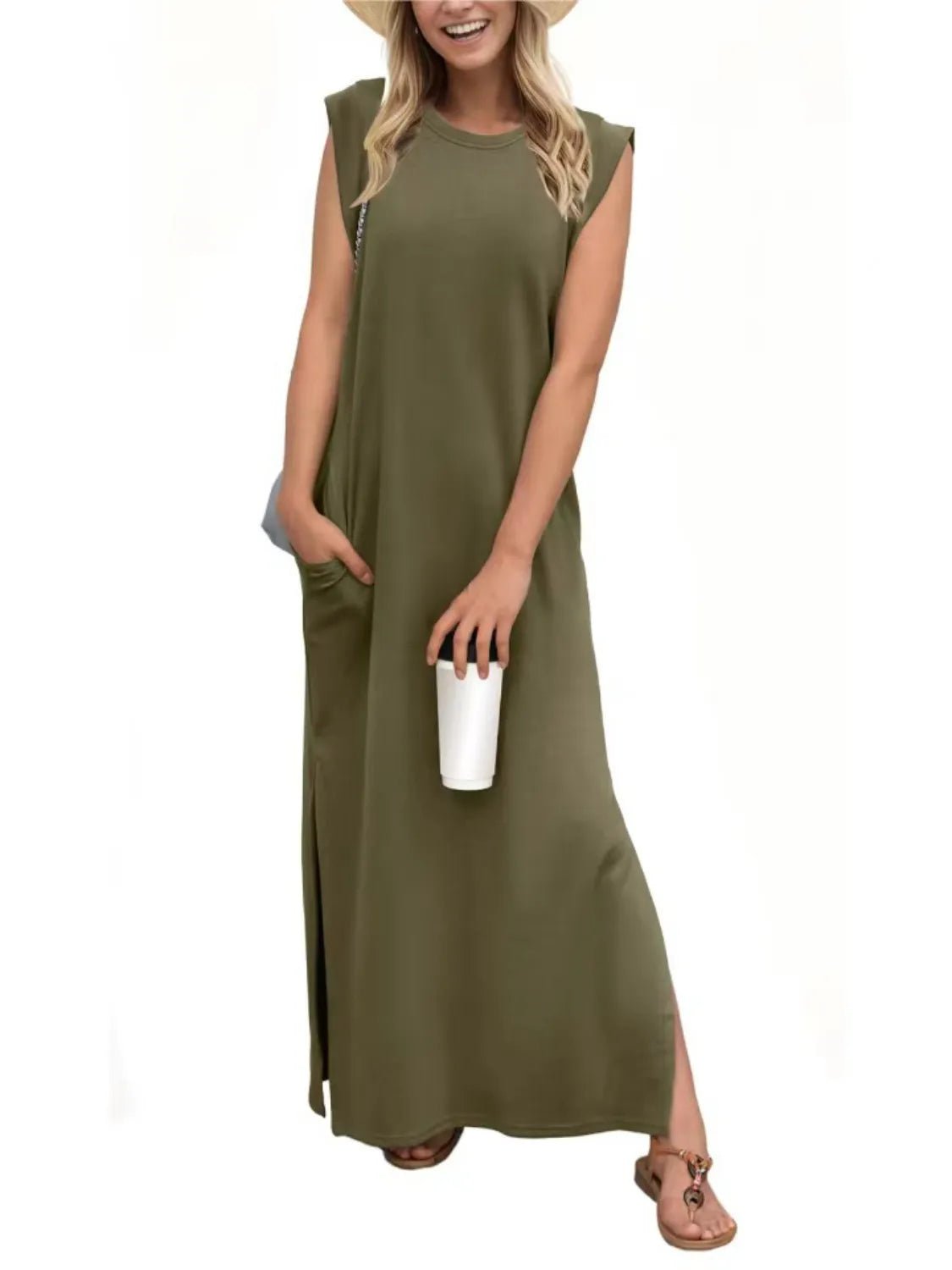 Full Size Slit Round Neck Sleeveless Maxi Tank Dress Plus Size - Lookzlike