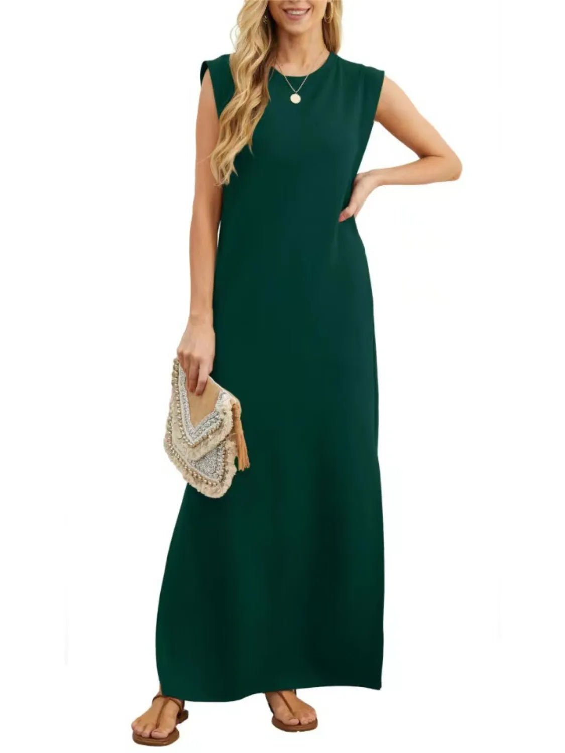 Full Size Slit Round Neck Sleeveless Maxi Tank Dress Plus Size - Lookzlike