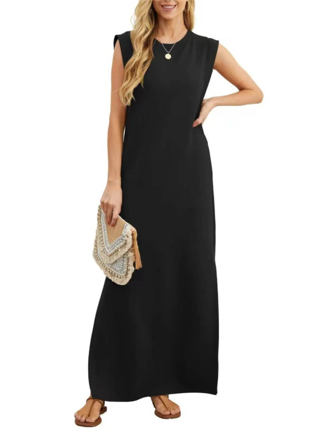 Full Size Slit Round Neck Sleeveless Maxi Tank Dress Plus Size - Lookzlike