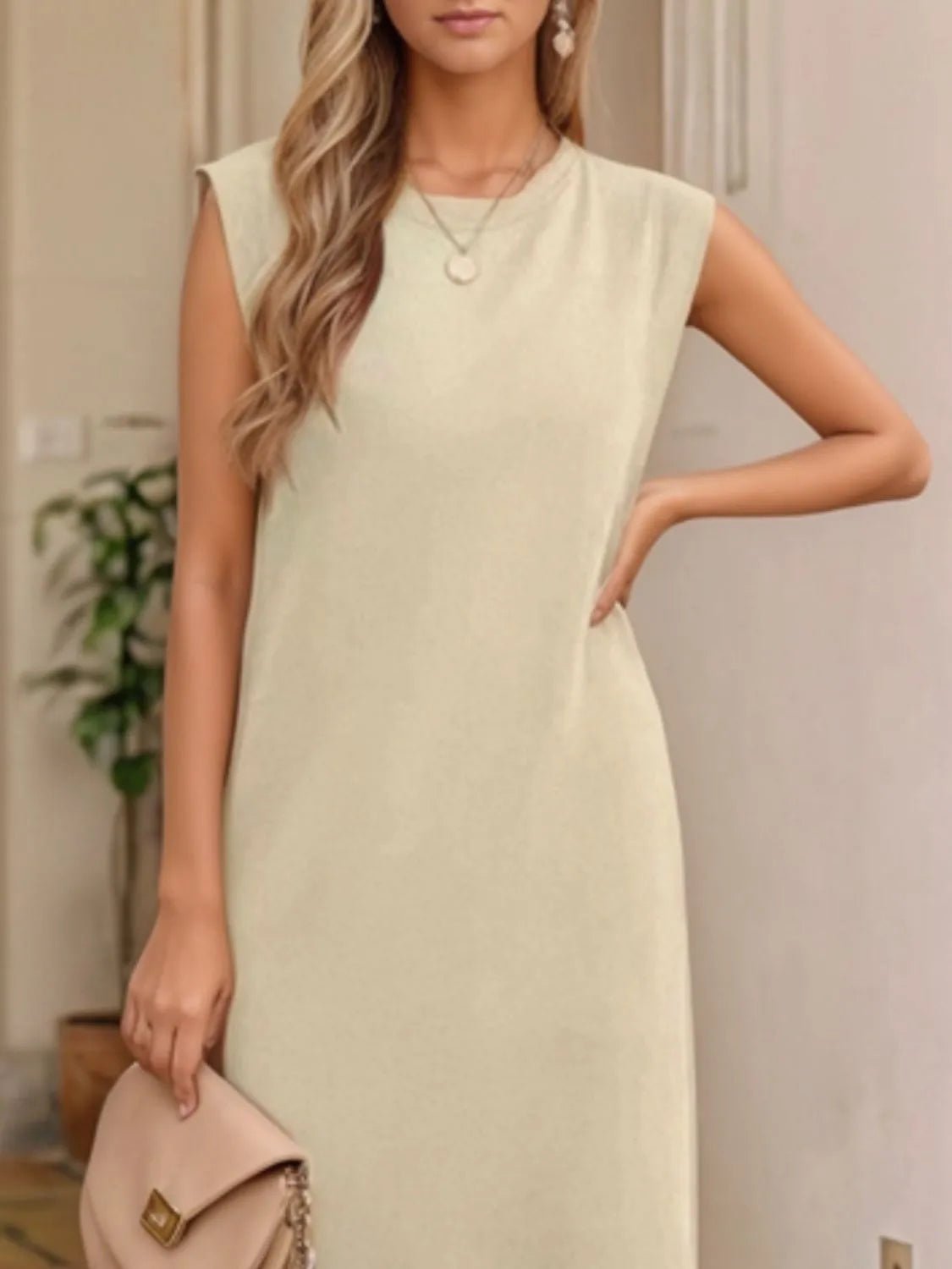 Full Size Slit Round Neck Sleeveless Maxi Tank Dress Plus Size - Lookzlike
