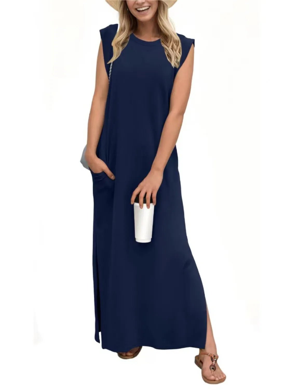 Full Size Slit Round Neck Sleeveless Maxi Tank Dress Plus Size - Lookzlike