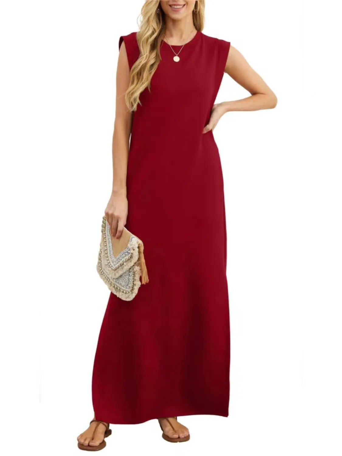 Full Size Slit Round Neck Sleeveless Maxi Tank Dress Plus Size - Lookzlike