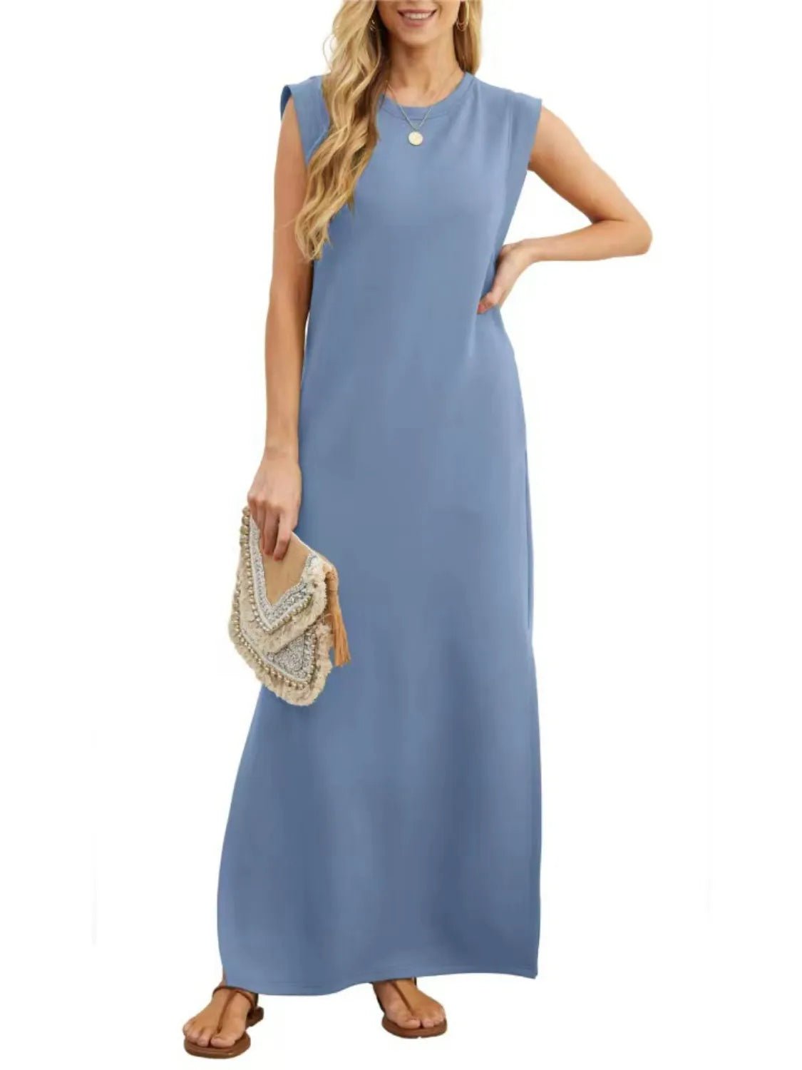 Full Size Slit Round Neck Sleeveless Maxi Tank Dress Plus Size - Lookzlike