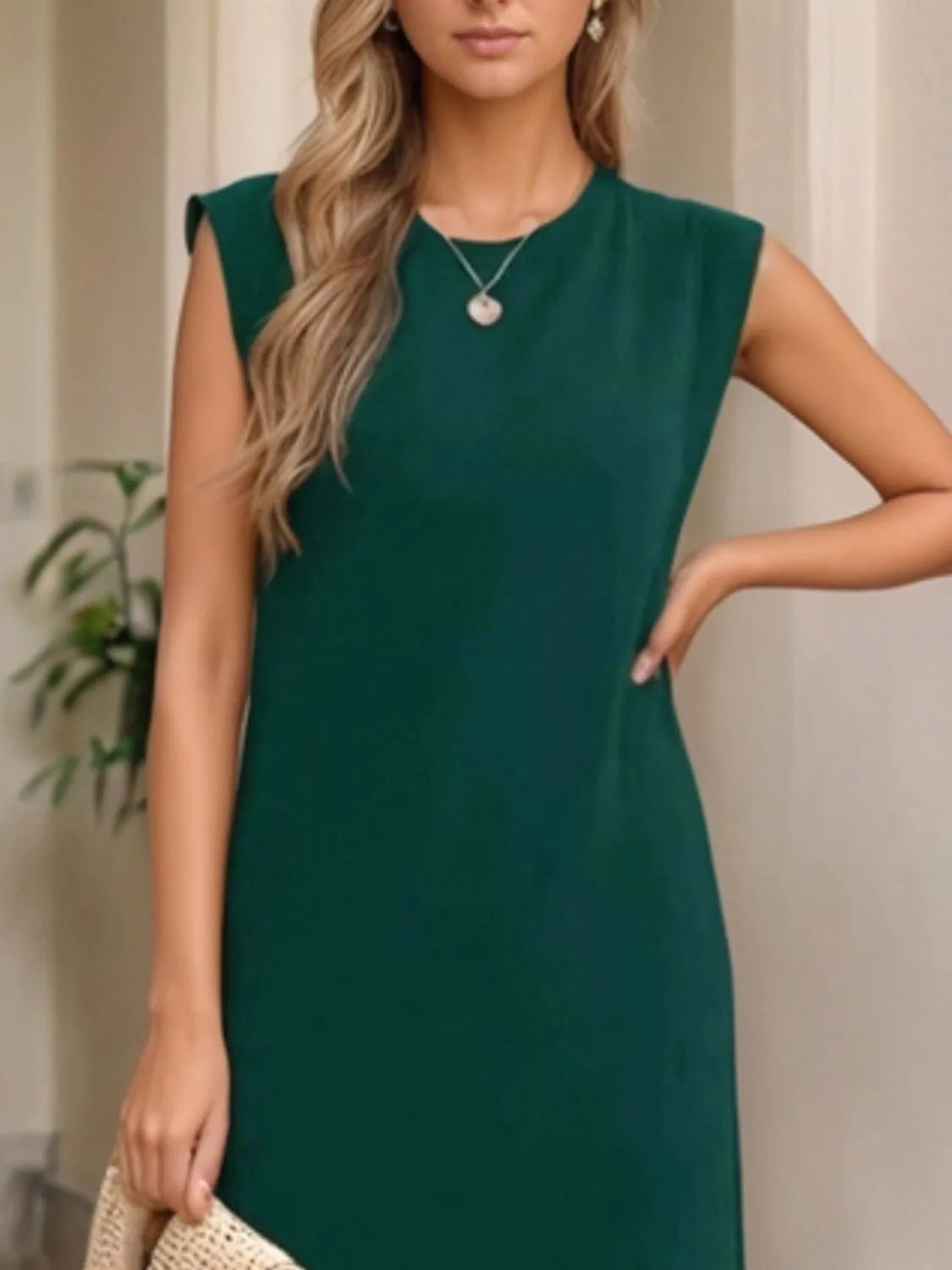 Full Size Slit Round Neck Sleeveless Maxi Tank Dress Plus Size - Lookzlike