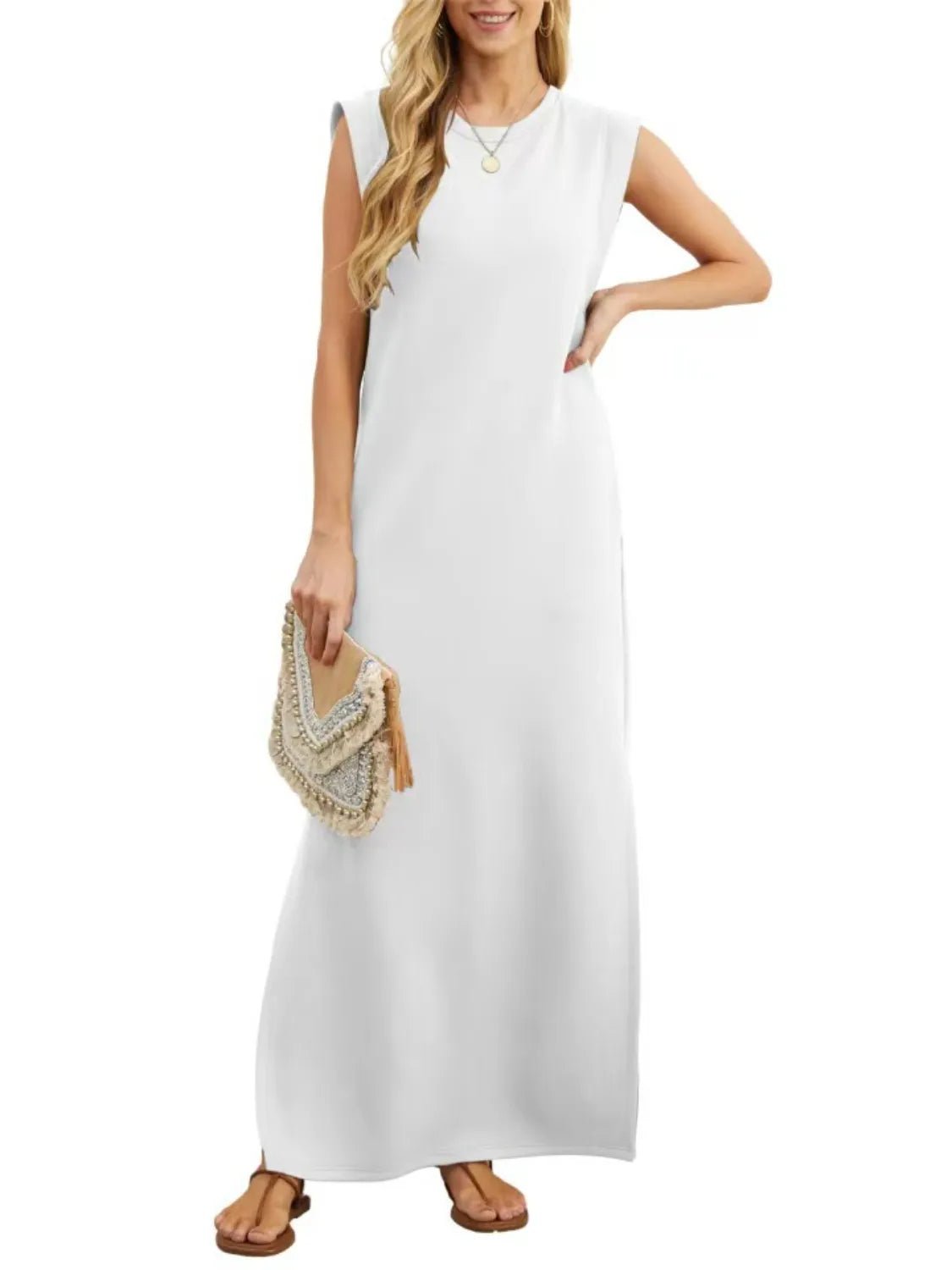 Full Size Slit Round Neck Sleeveless Maxi Tank Dress Plus Size - Lookzlike
