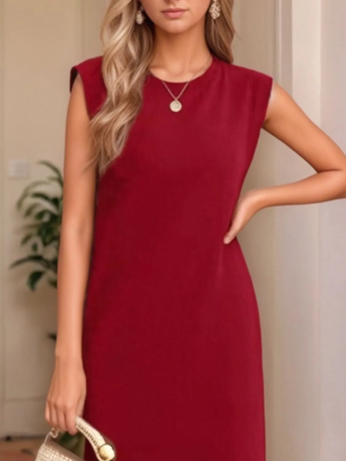 Full Size Slit Round Neck Sleeveless Maxi Tank Dress Plus Size - Lookzlike