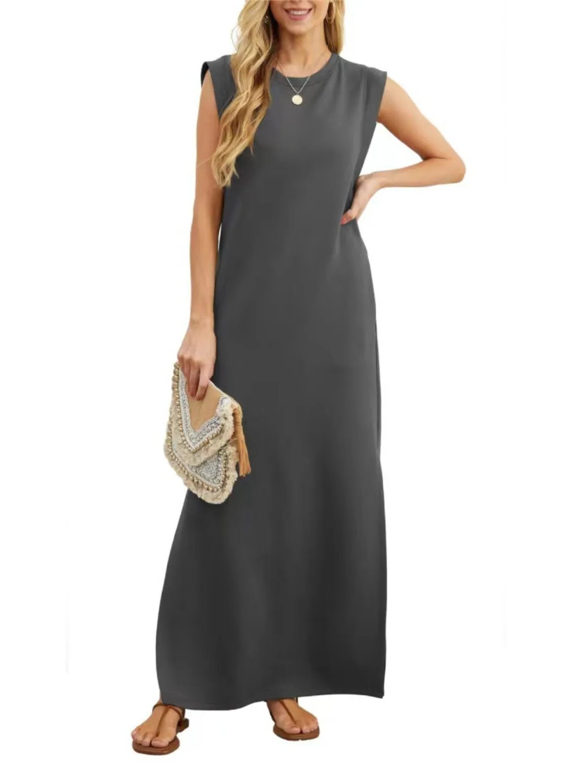 Full Size Slit Round Neck Sleeveless Maxi Tank Dress Plus Size - Lookzlike