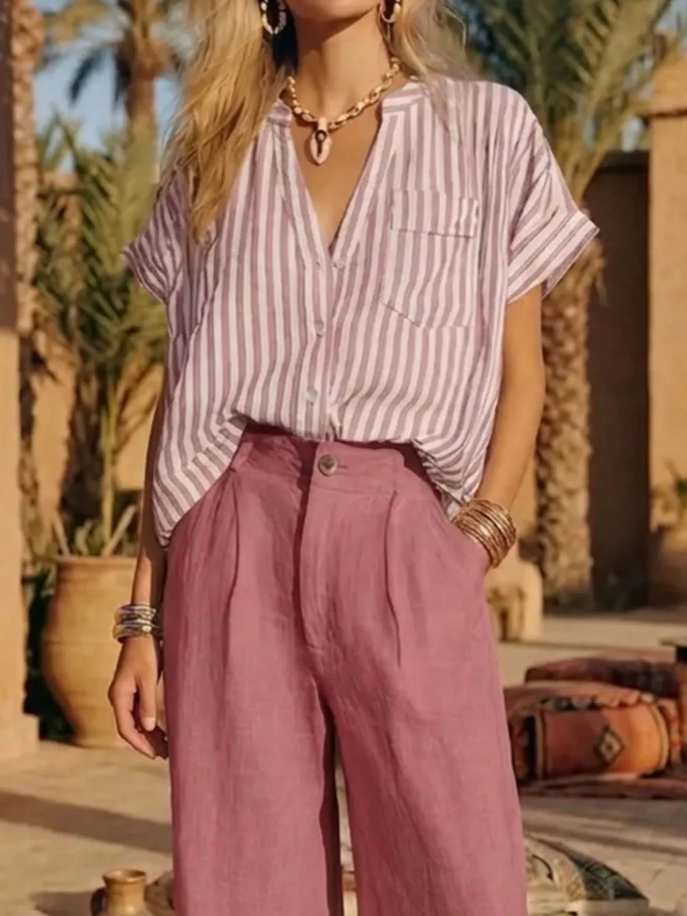 Full Size Striped Button Up Shirt and Pants Set Plus Size designed for comfort and style at Lookzlike